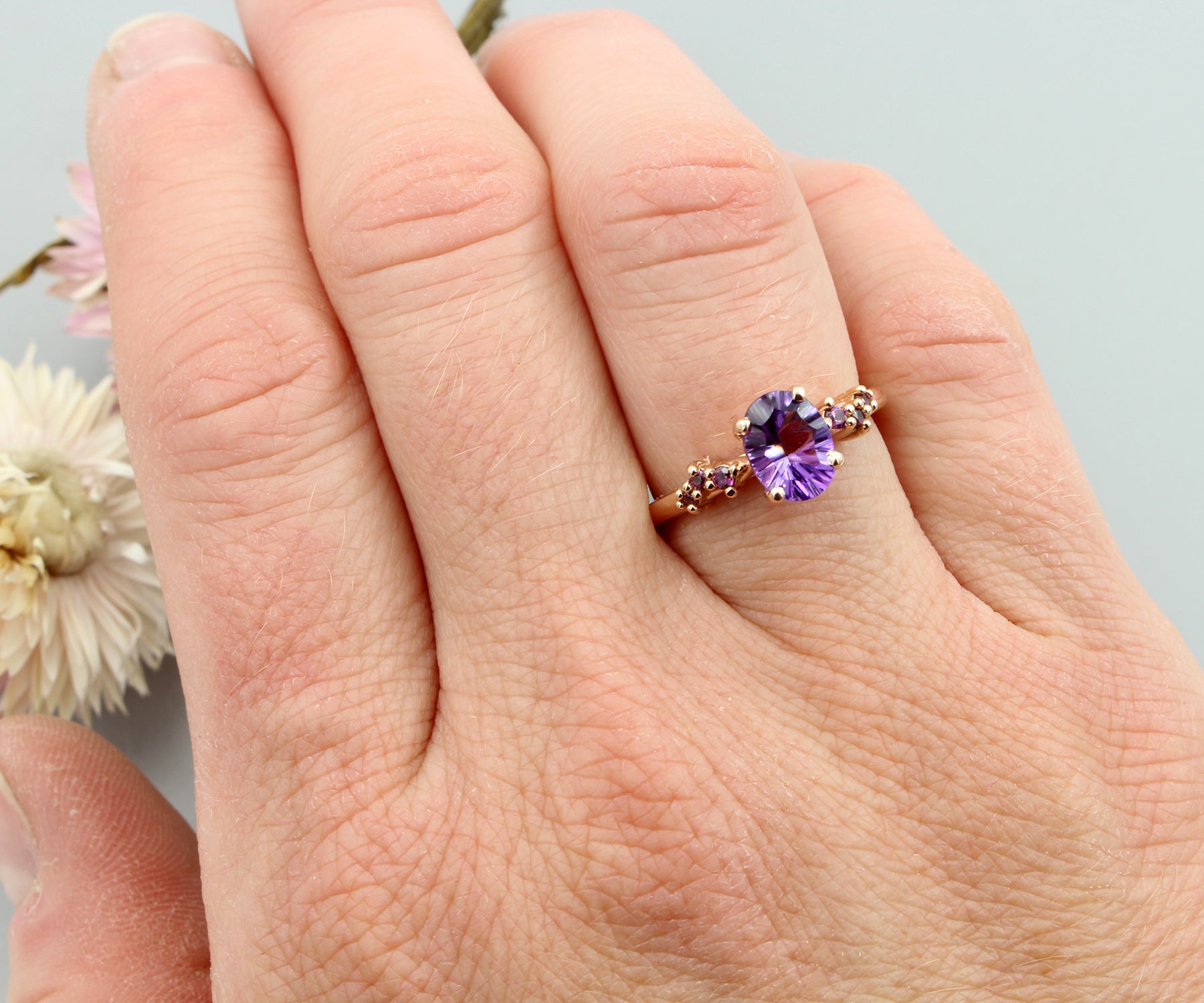 Simple Offset Amethyst Garnet Rose Gold Ring