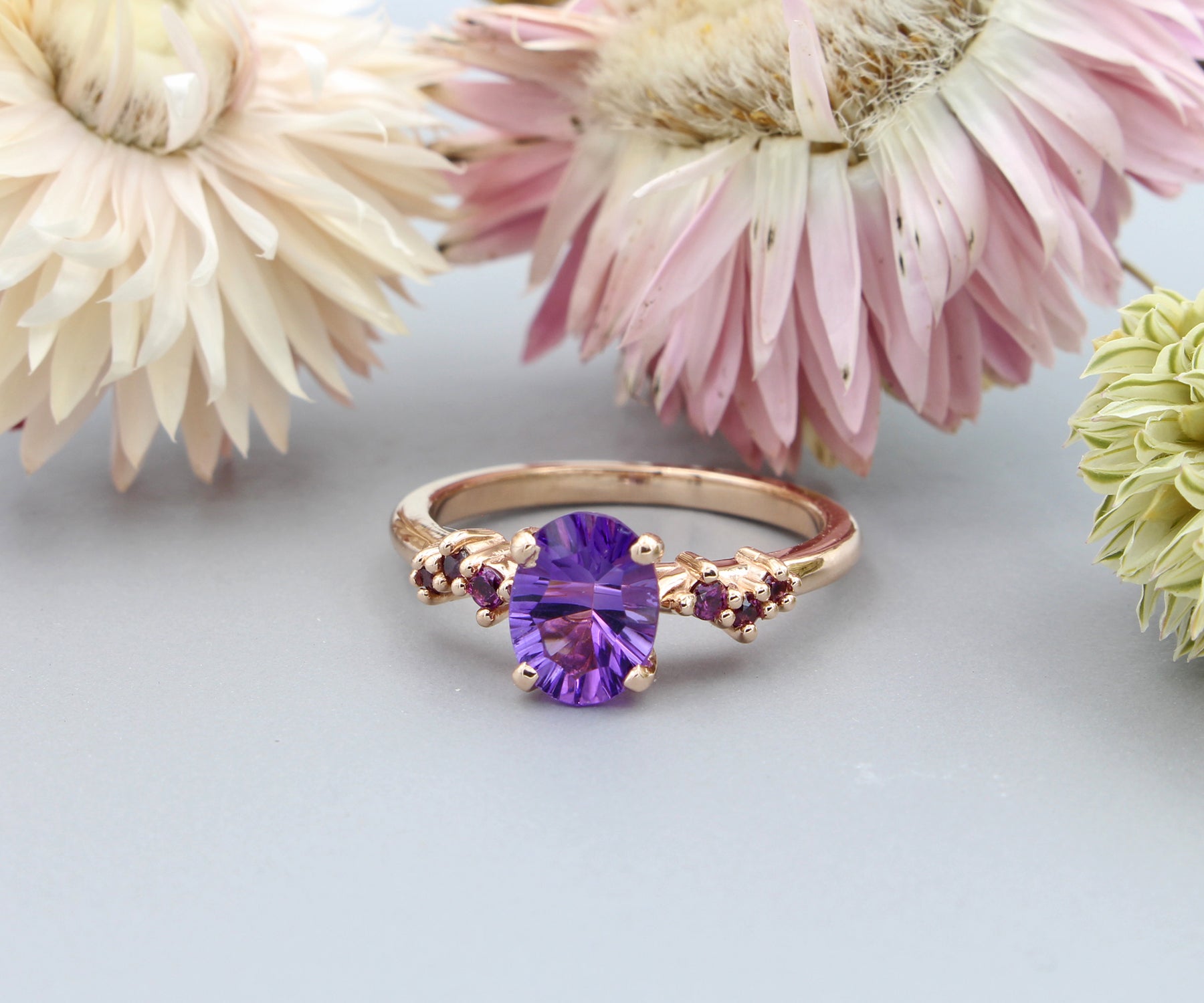 Simple Offset Amethyst Garnet Rose Gold Ring