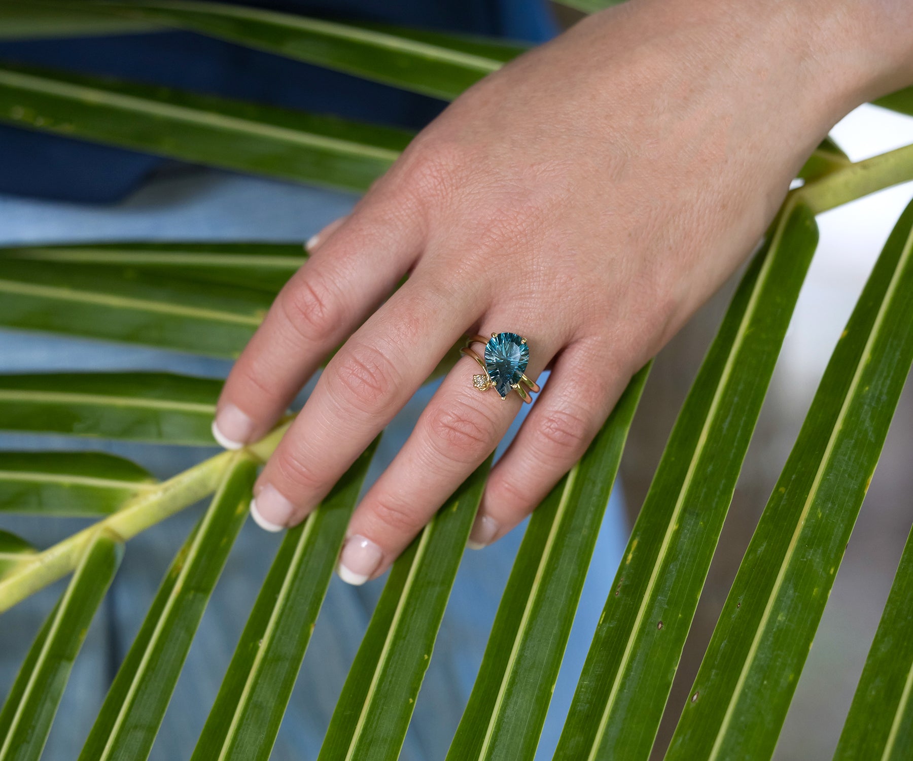 Offset Curved London Blue Topaz Diamond Gold Ring