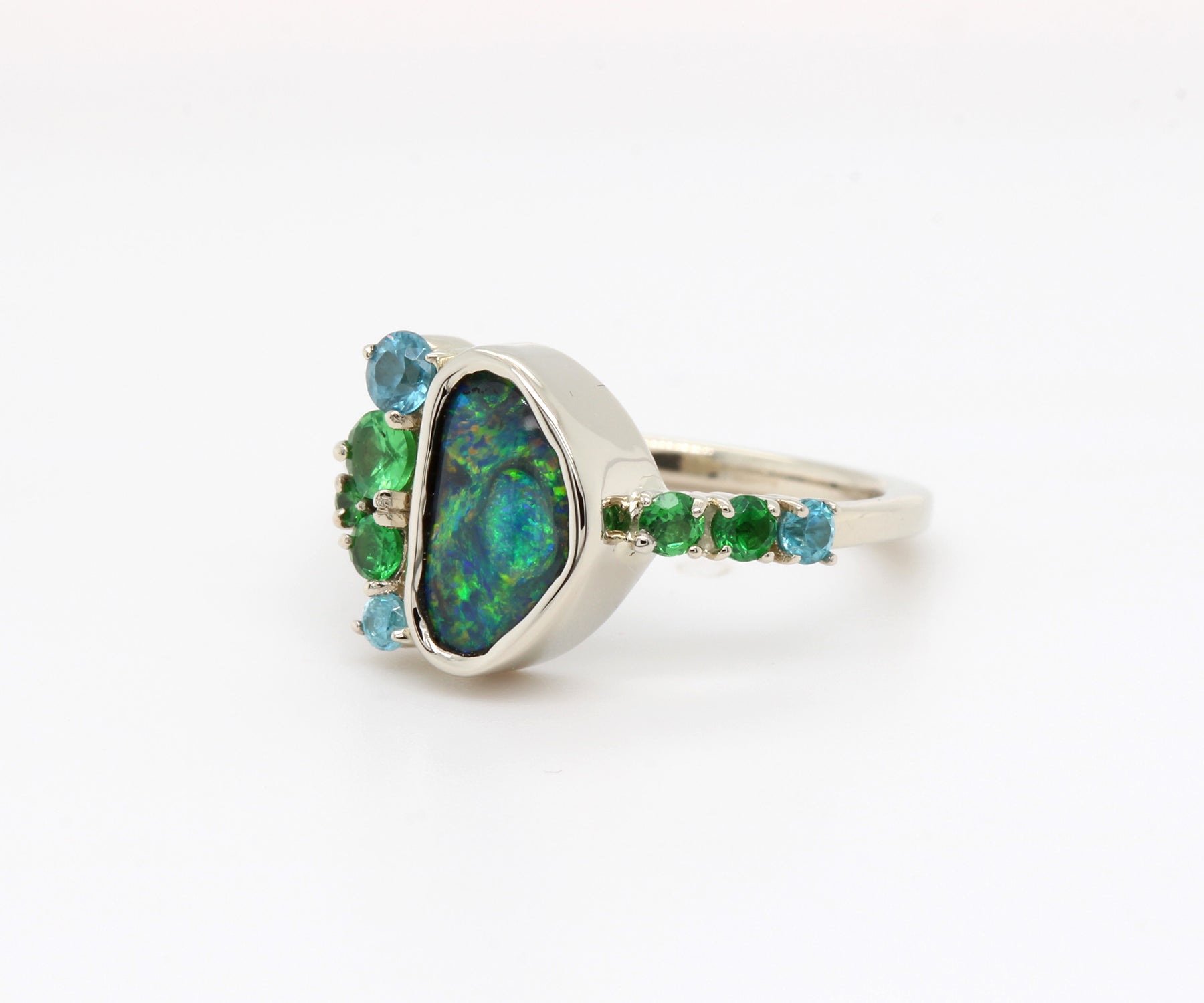 Offset Opal and Green Garnet Zircon Ring