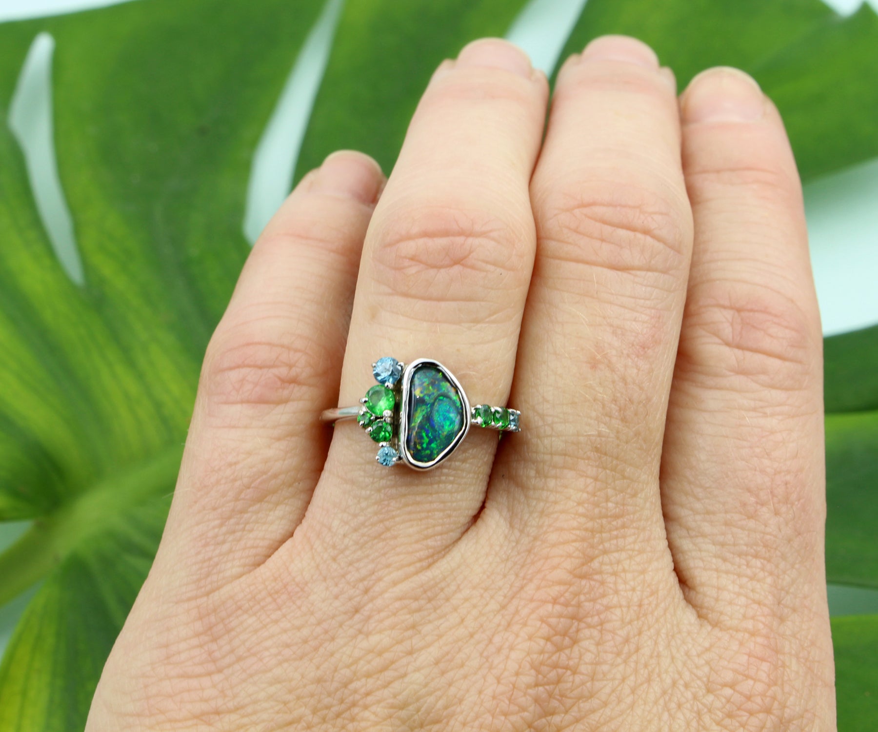 Offset Opal and Green Garnet Zircon Ring