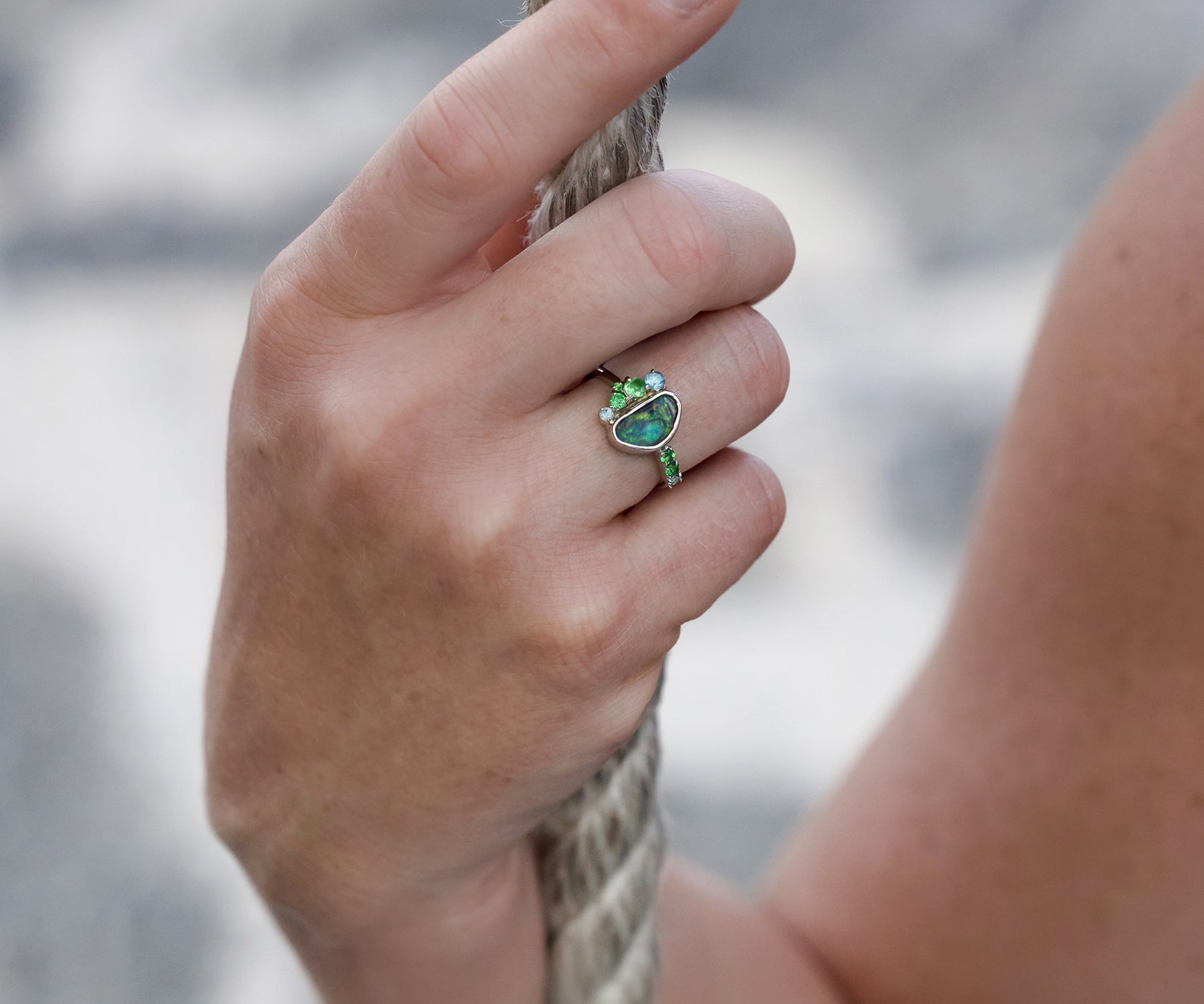 Offset Opal and Green Garnet Zircon Ring