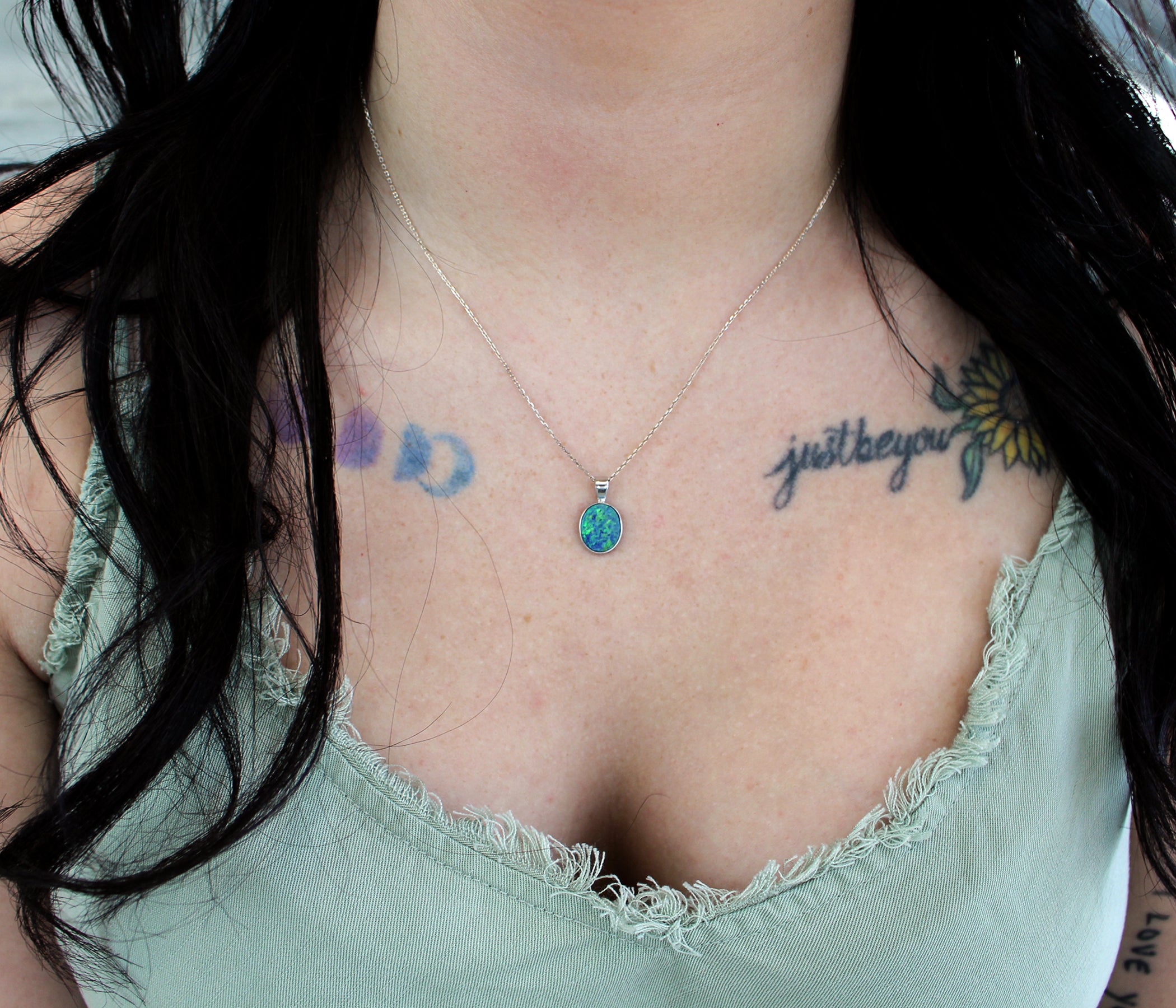 Small Oval Blue Green Opal Necklace