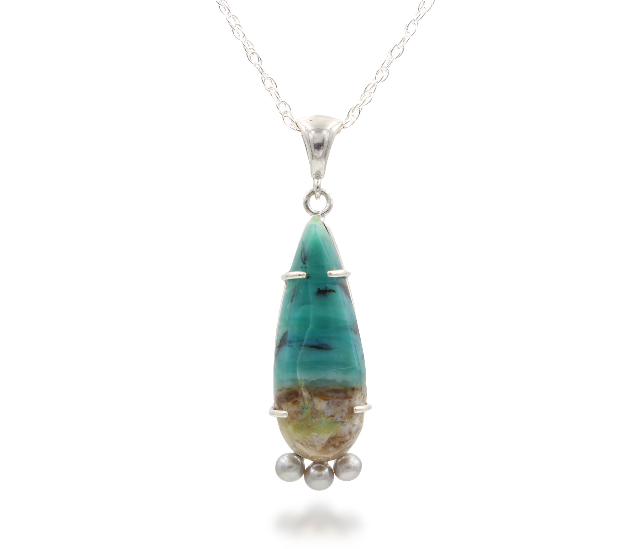 Beach Opal Petrified Wood Teal Teardrop Freshwater Gray Pearl Silver Necklace