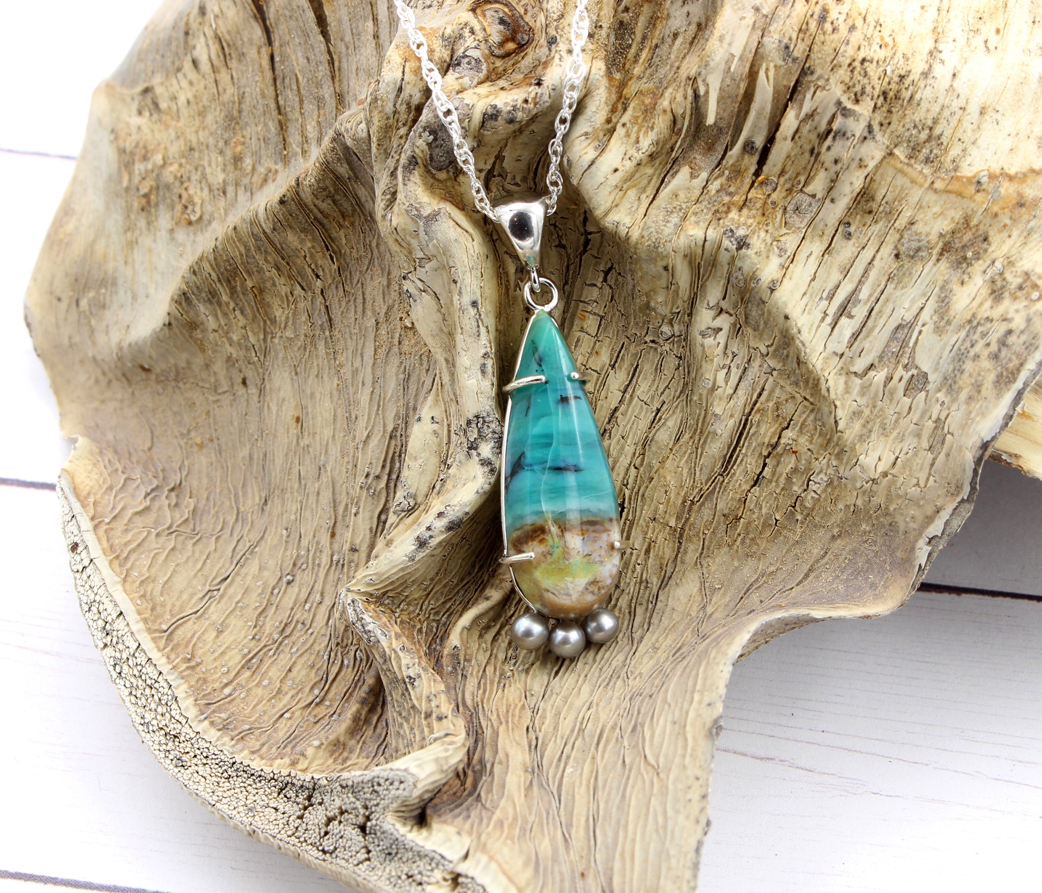 Beach Opal Petrified Wood Teal Teardrop Freshwater Gray Pearl Silver Necklace