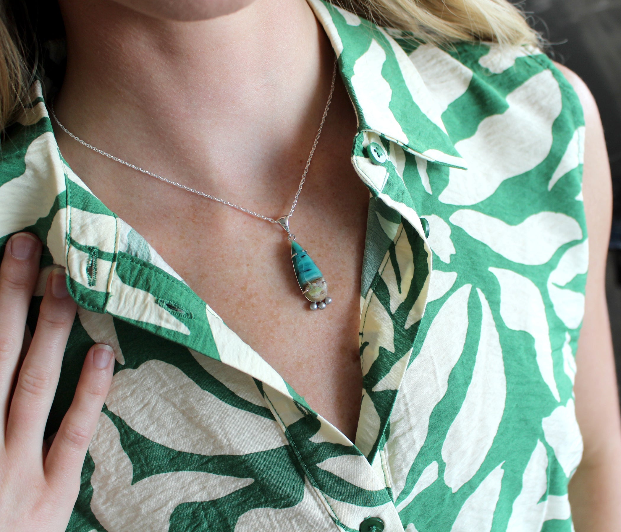 Beach Opal Petrified Wood Teal Teardrop Freshwater Gray Pearl Silver Necklace