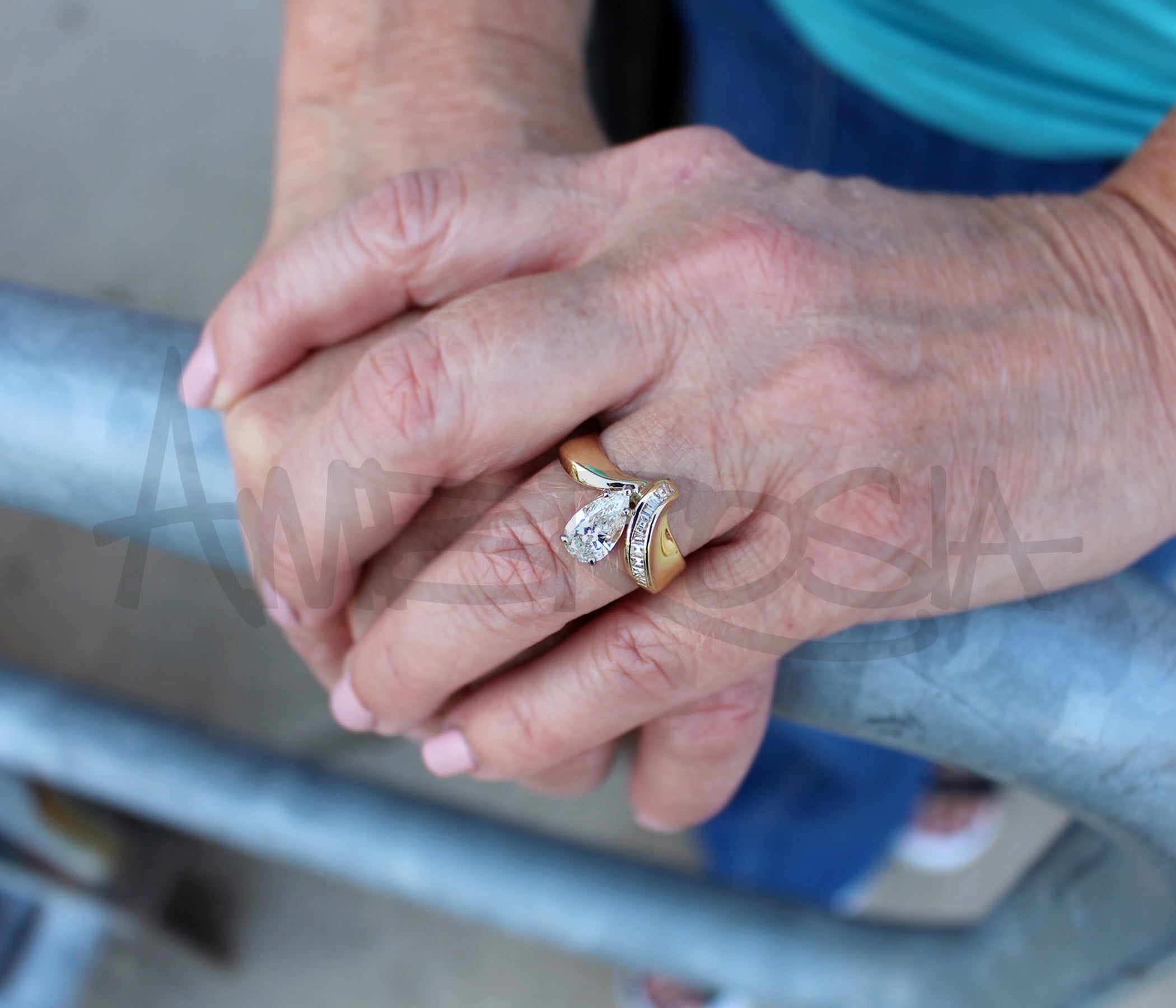 Offset Asymmetrical Pear Diamond Gold Ring
