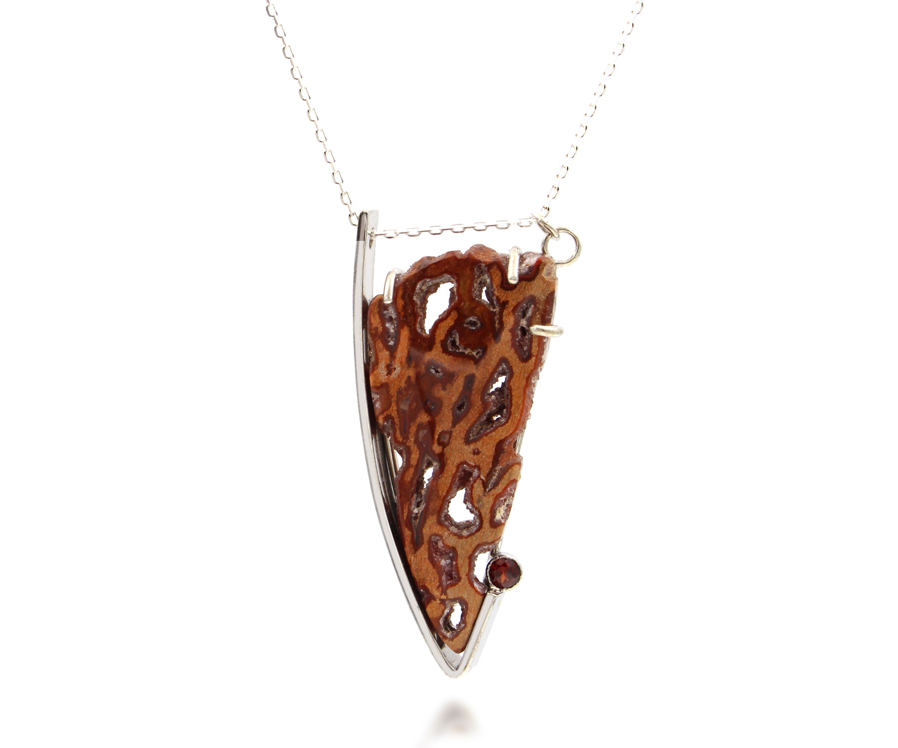 Petrified Wood Angular Garnet Silver Necklace