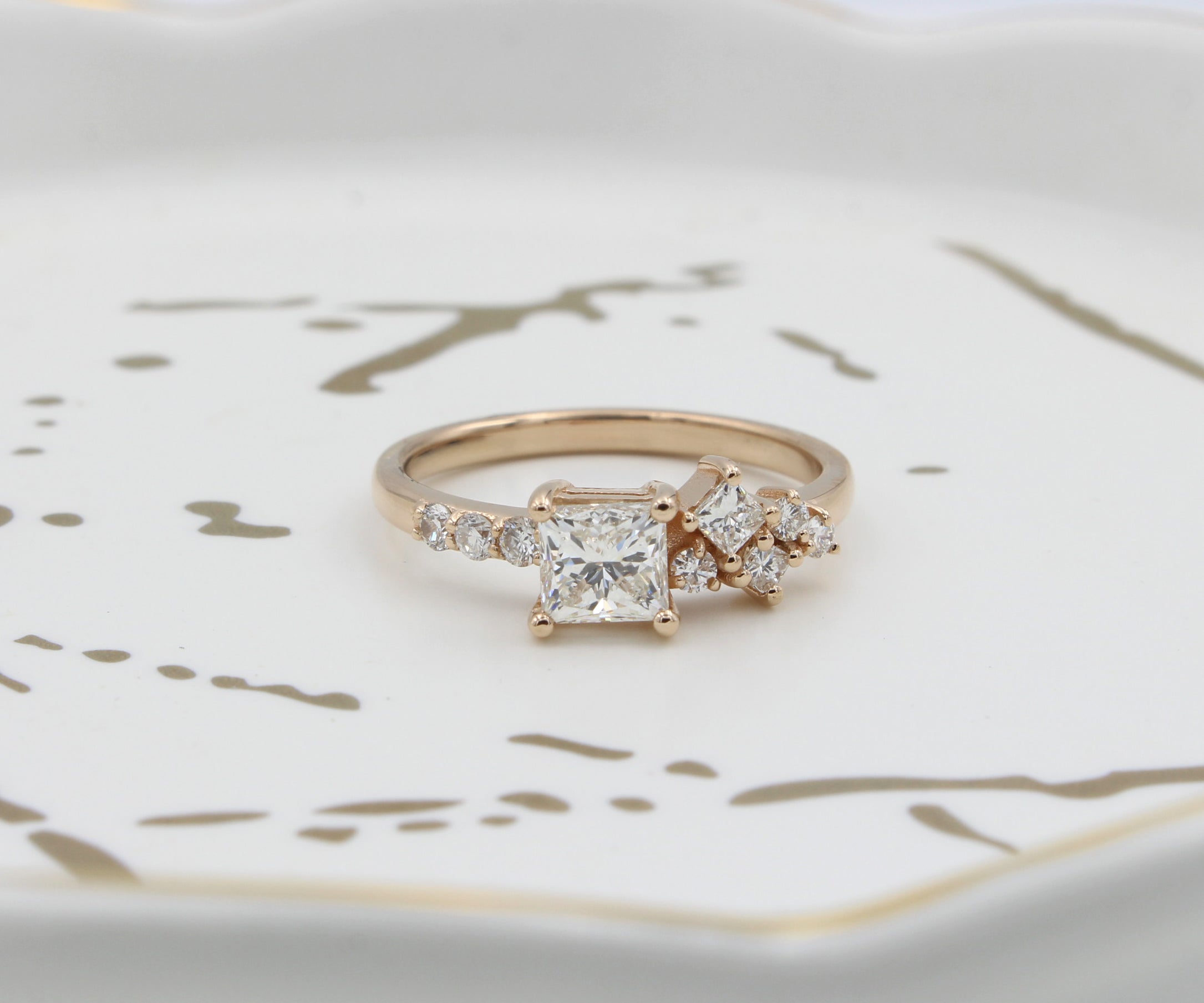 Princess Diamond Offset Cluster Rose Gold Ring