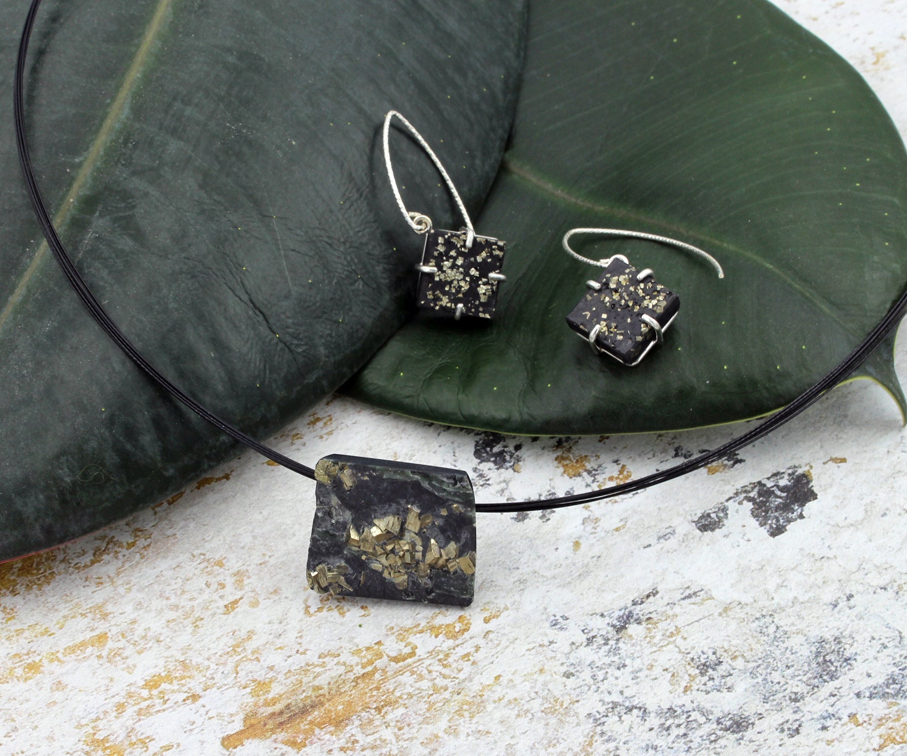 Textured Nugget Pyrite Necklace Matching Earrings