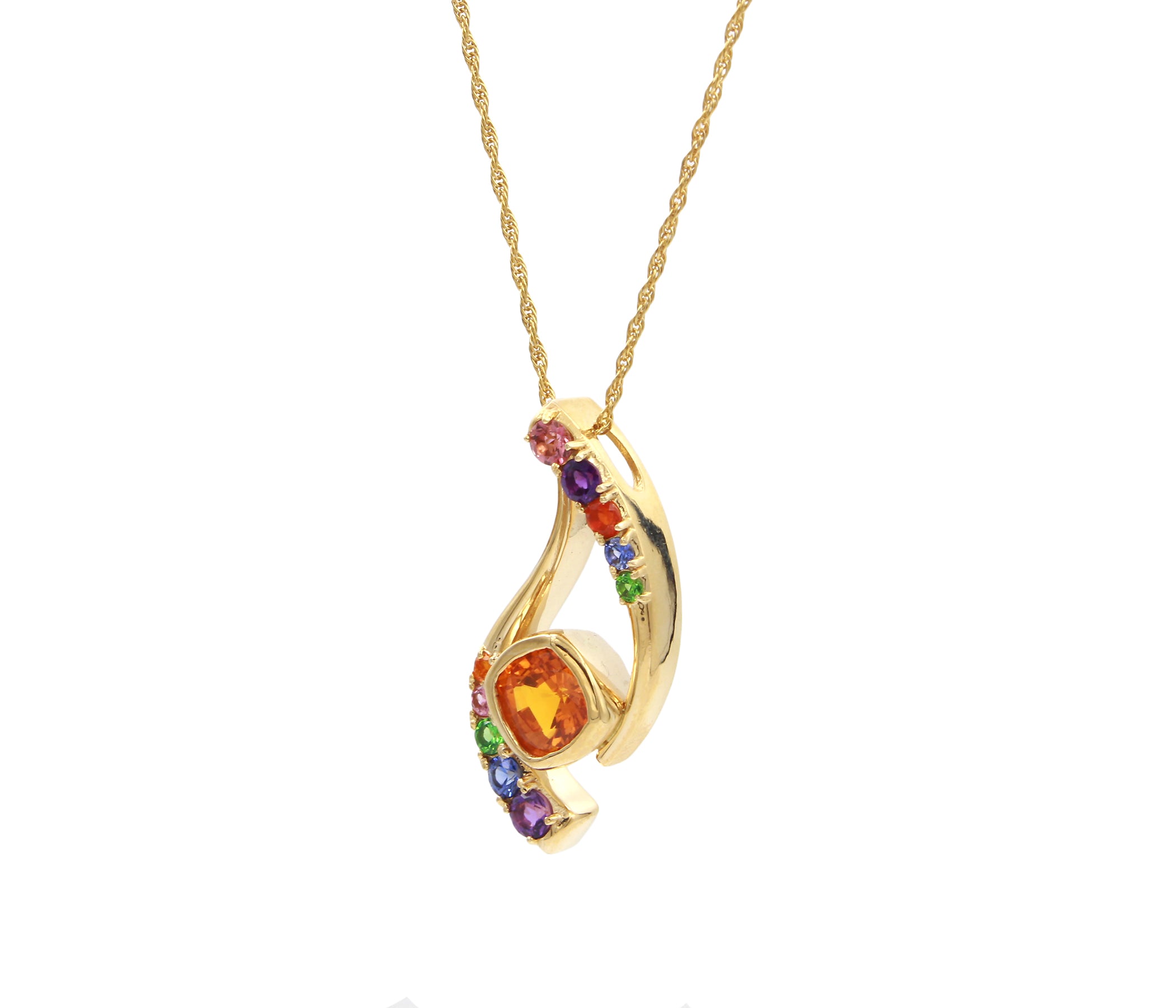 Curved Rainbow Orange Sapphire Gold Necklace