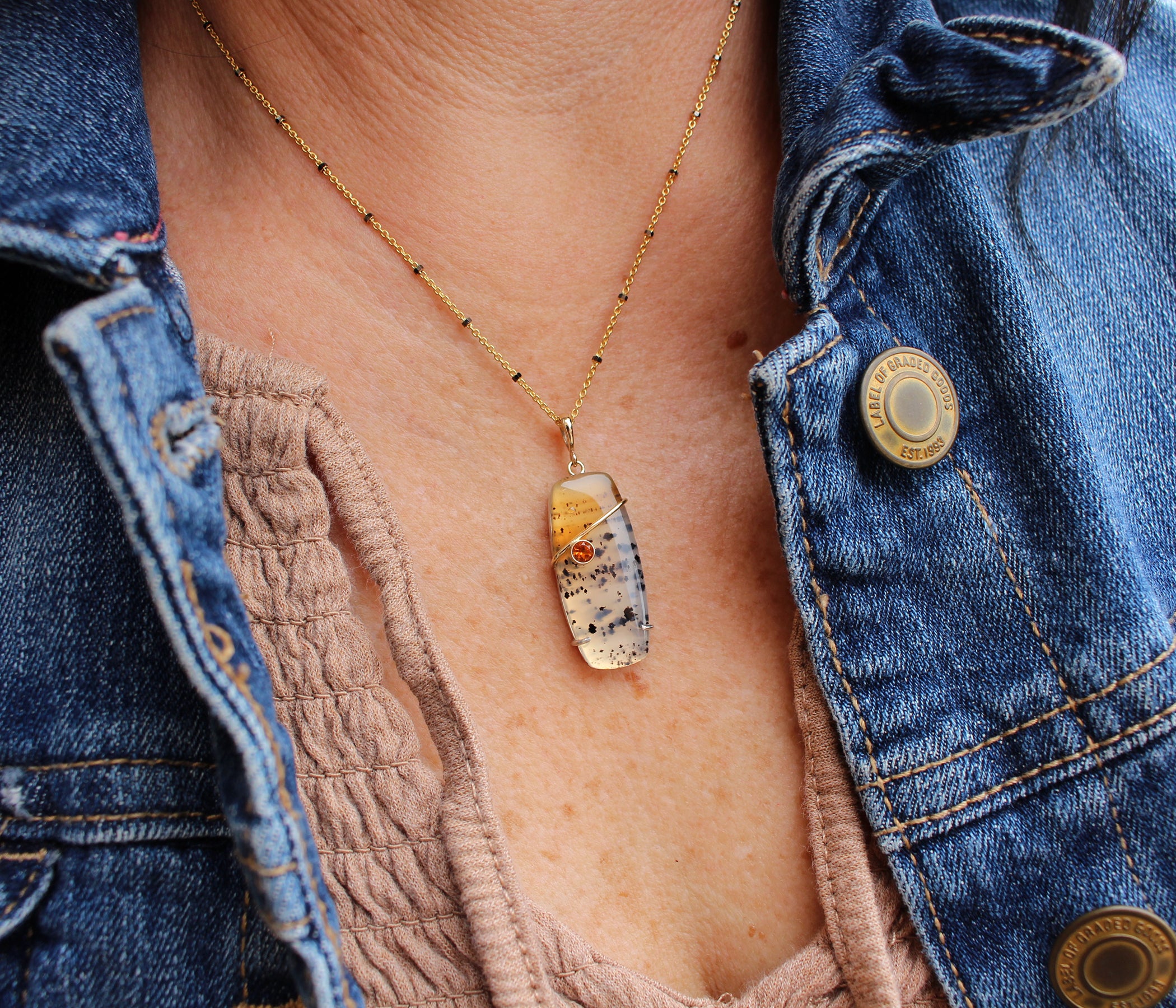 Rectangular Montana Agate Citrine Gold Necklace