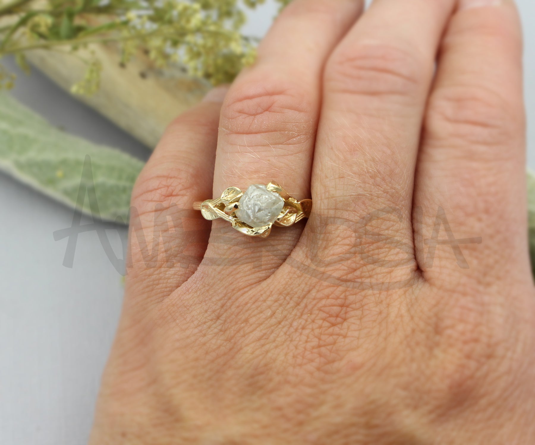 Rough Diamond Gold Leaf Engagement Ring