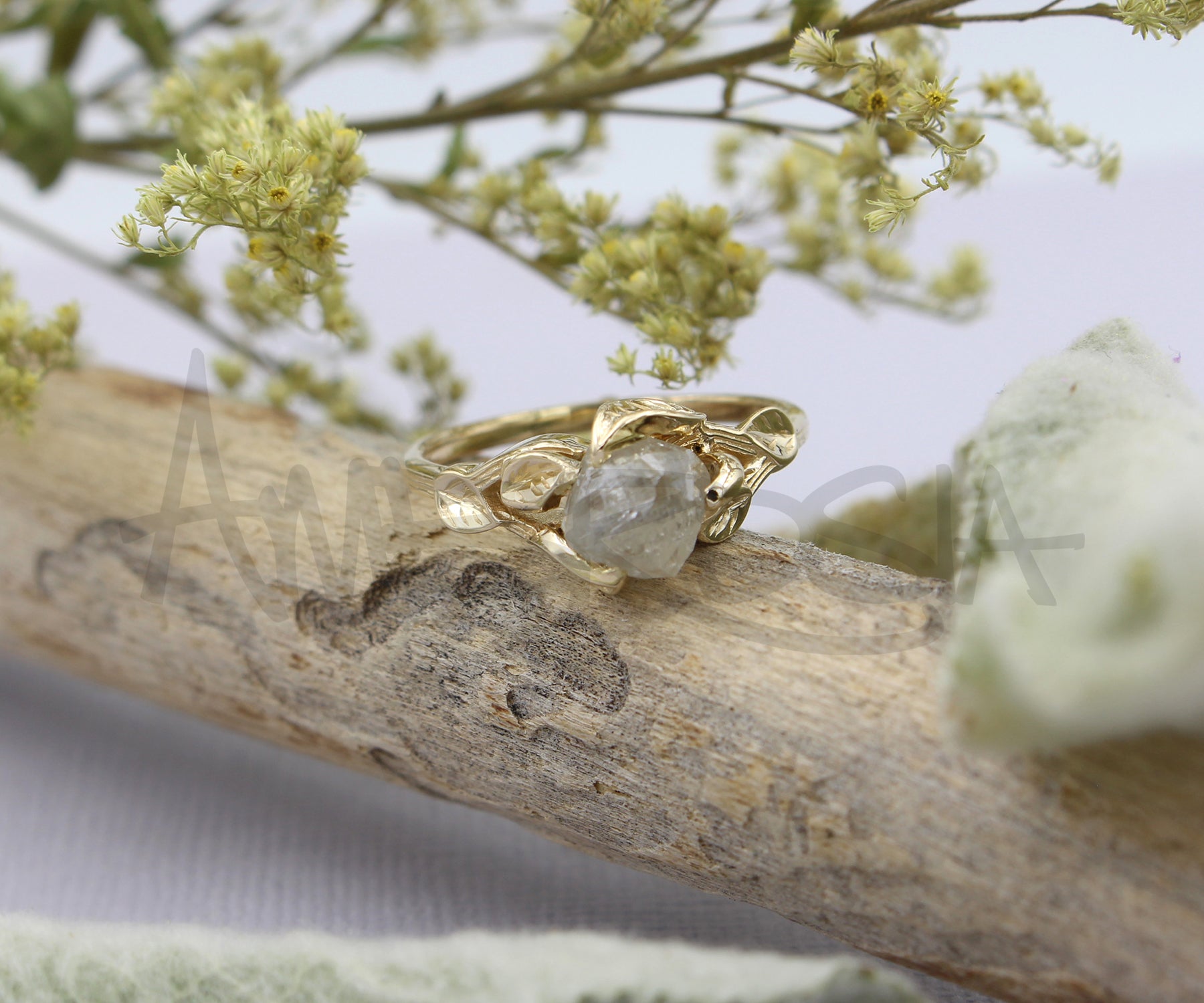 Rough Diamond Gold Leaf Engagement Ring