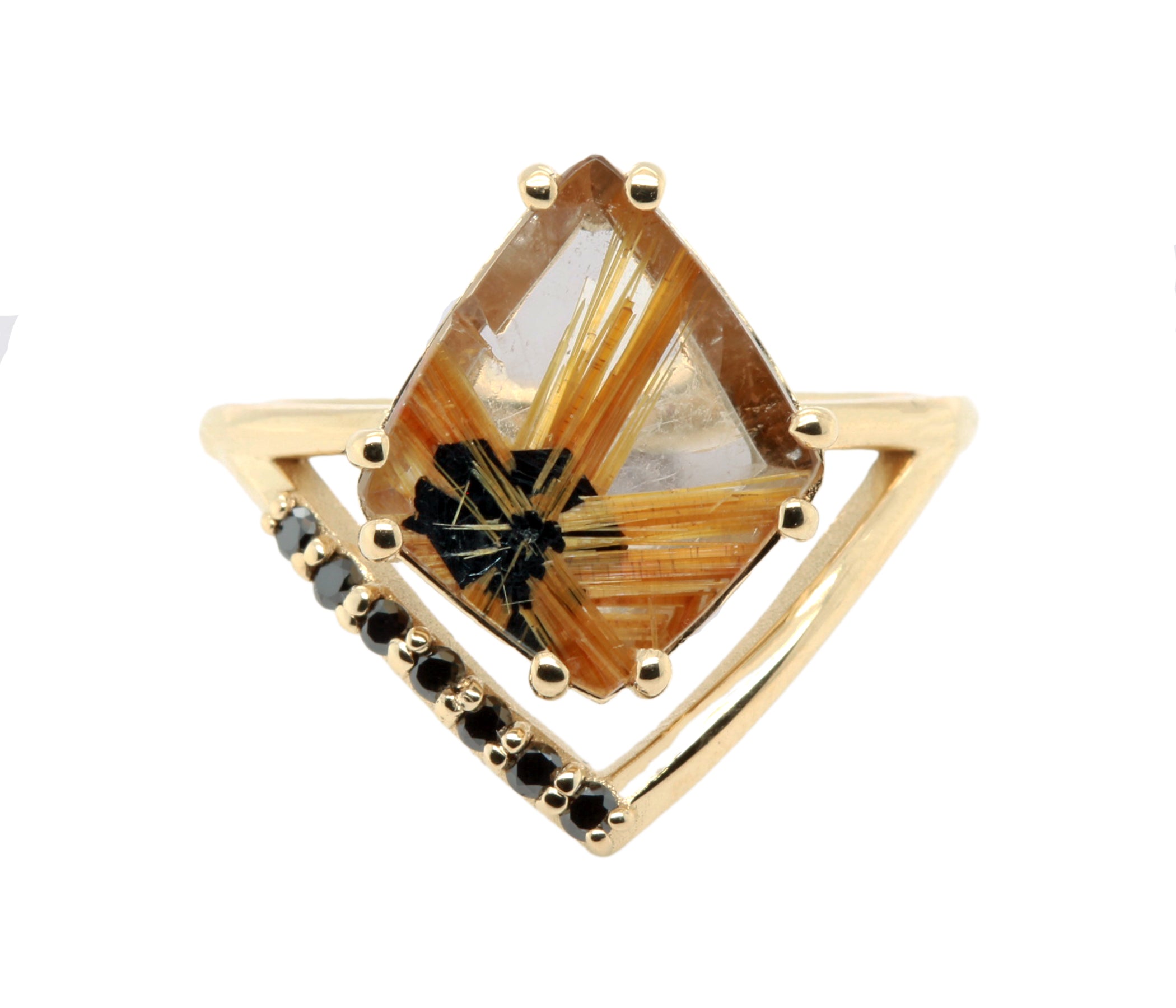 Anillo Art Déco dorado con halo de ágata musgosa y hexágono