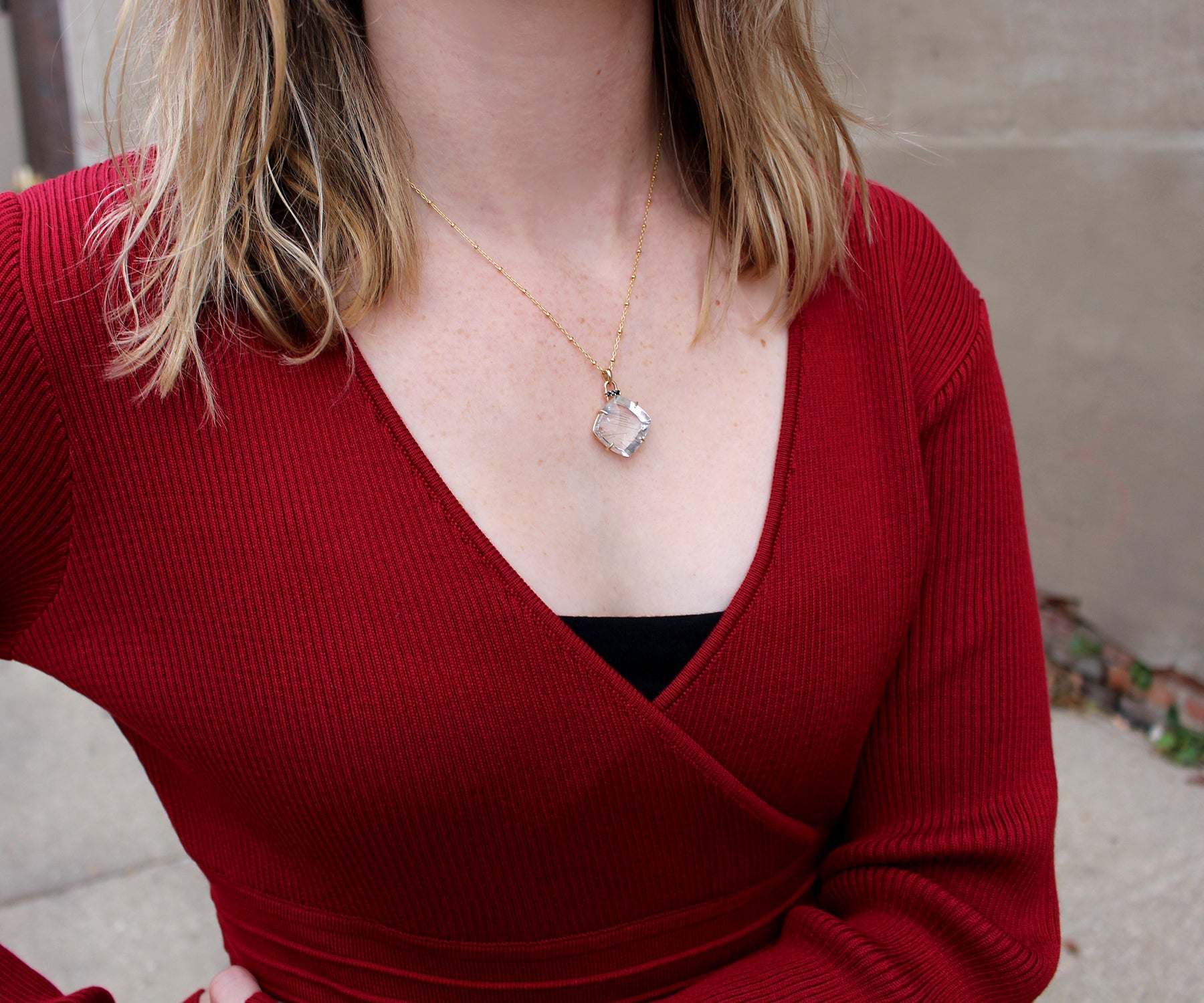 Rutilated Quartz Square Black Spinel Gold Necklace