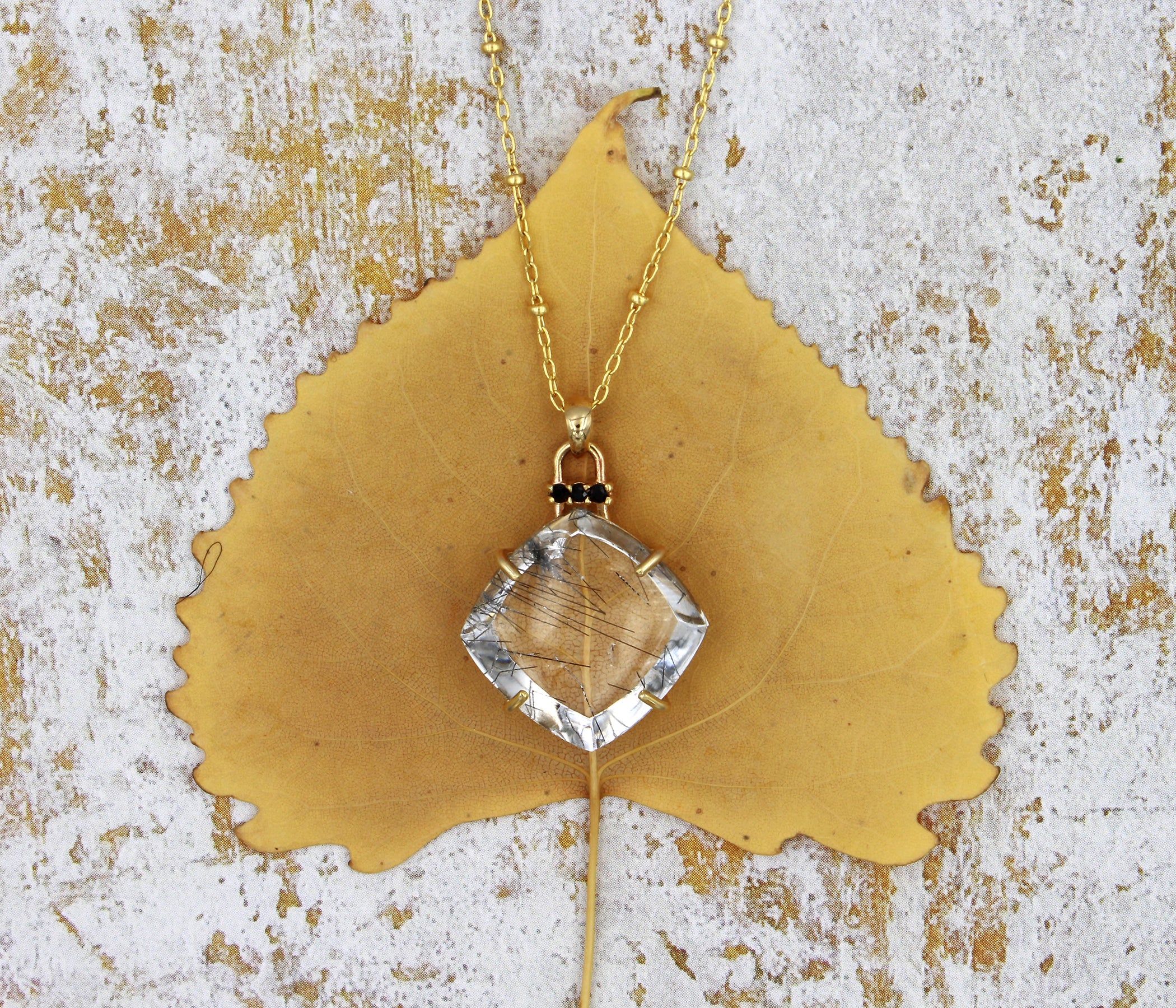 Rutilated Quartz Square Black Spinel Gold Necklace