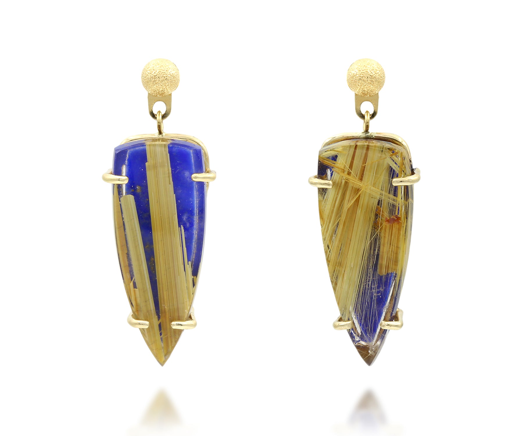 Modern Rutilated Quartz Lapis Golden Pearl Earrings