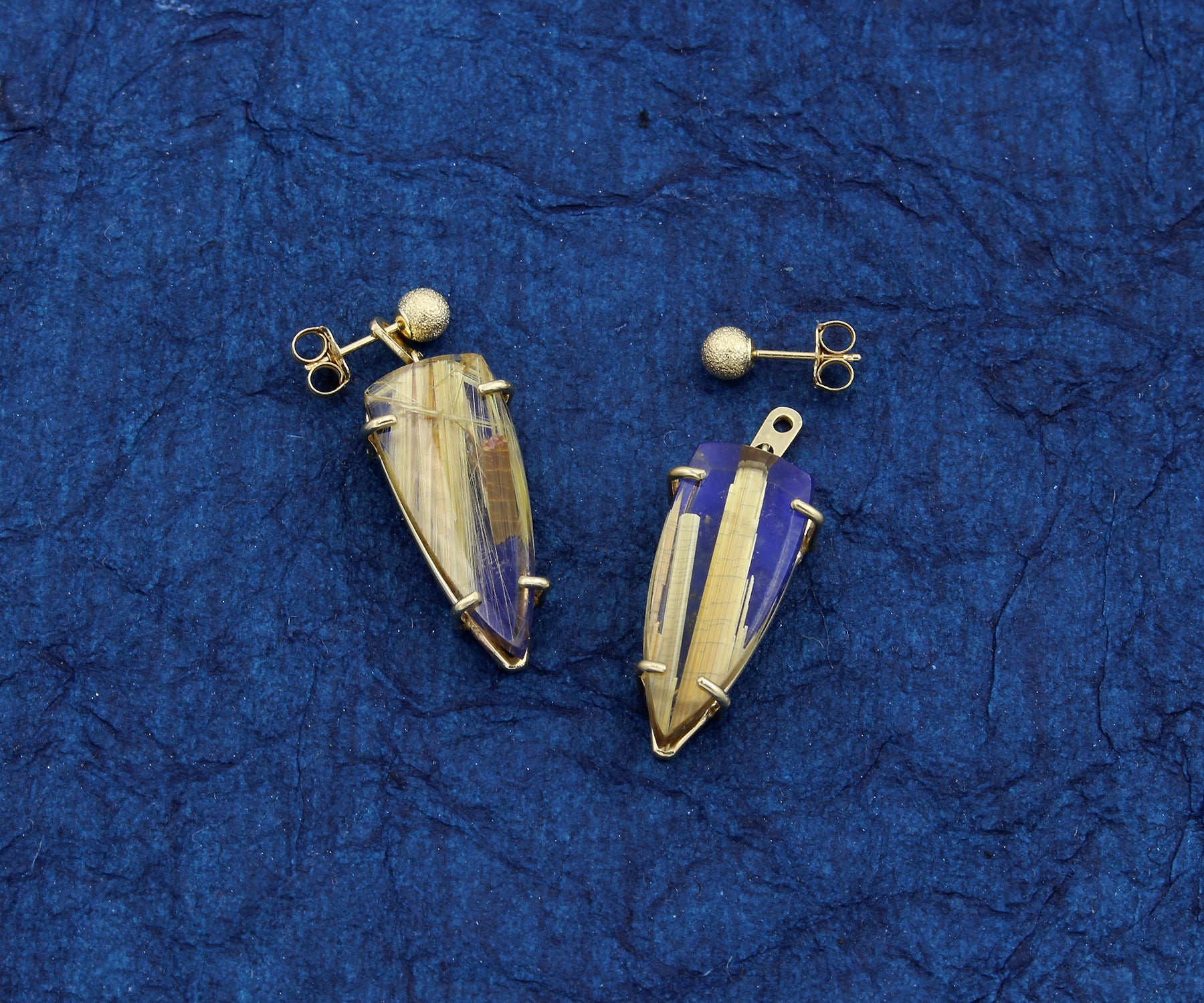 Modern Rutilated Quartz Lapis Golden Pearl Earrings