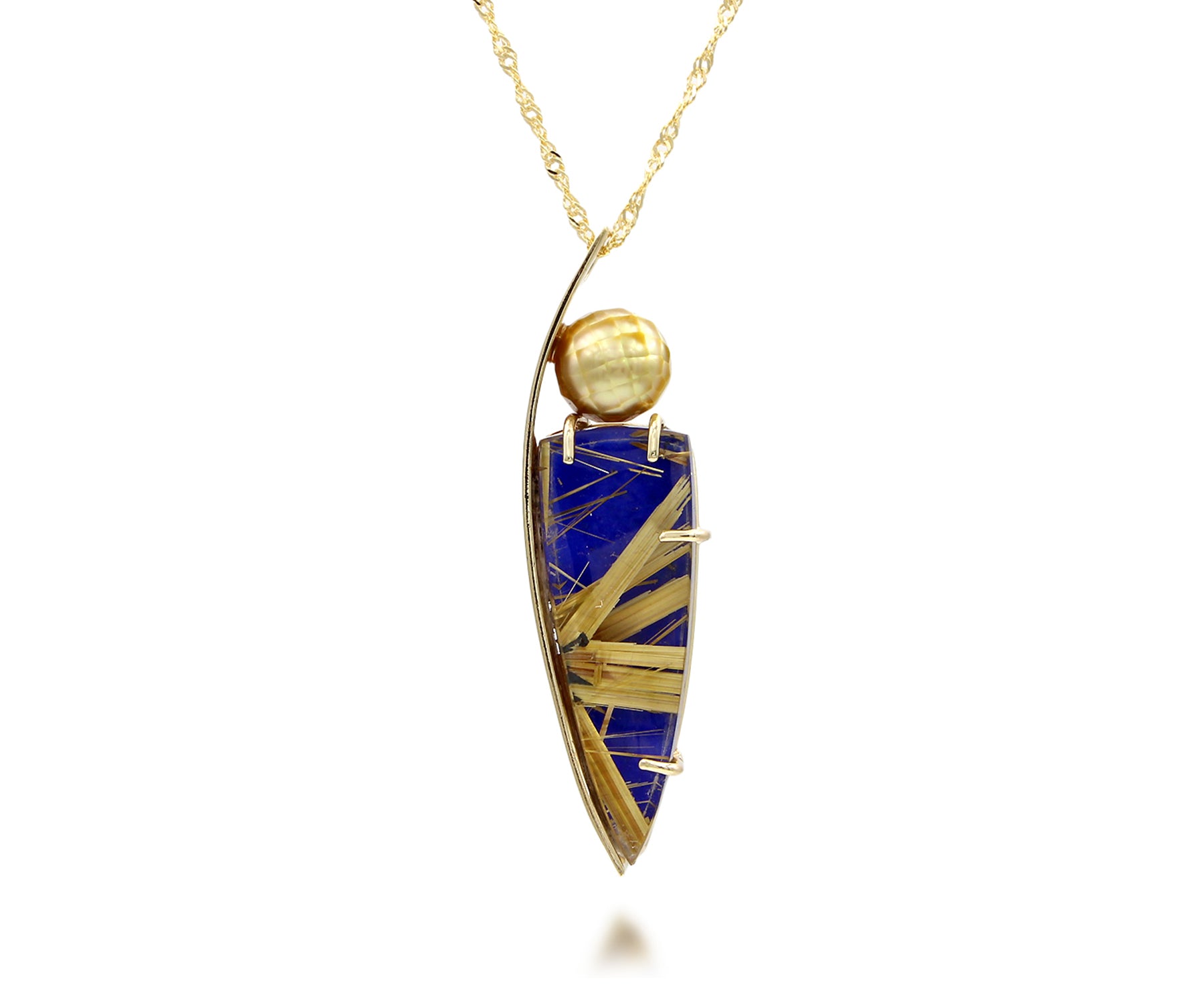 Modern Rutilated Quartz Lapis Golden Pearl Necklace
