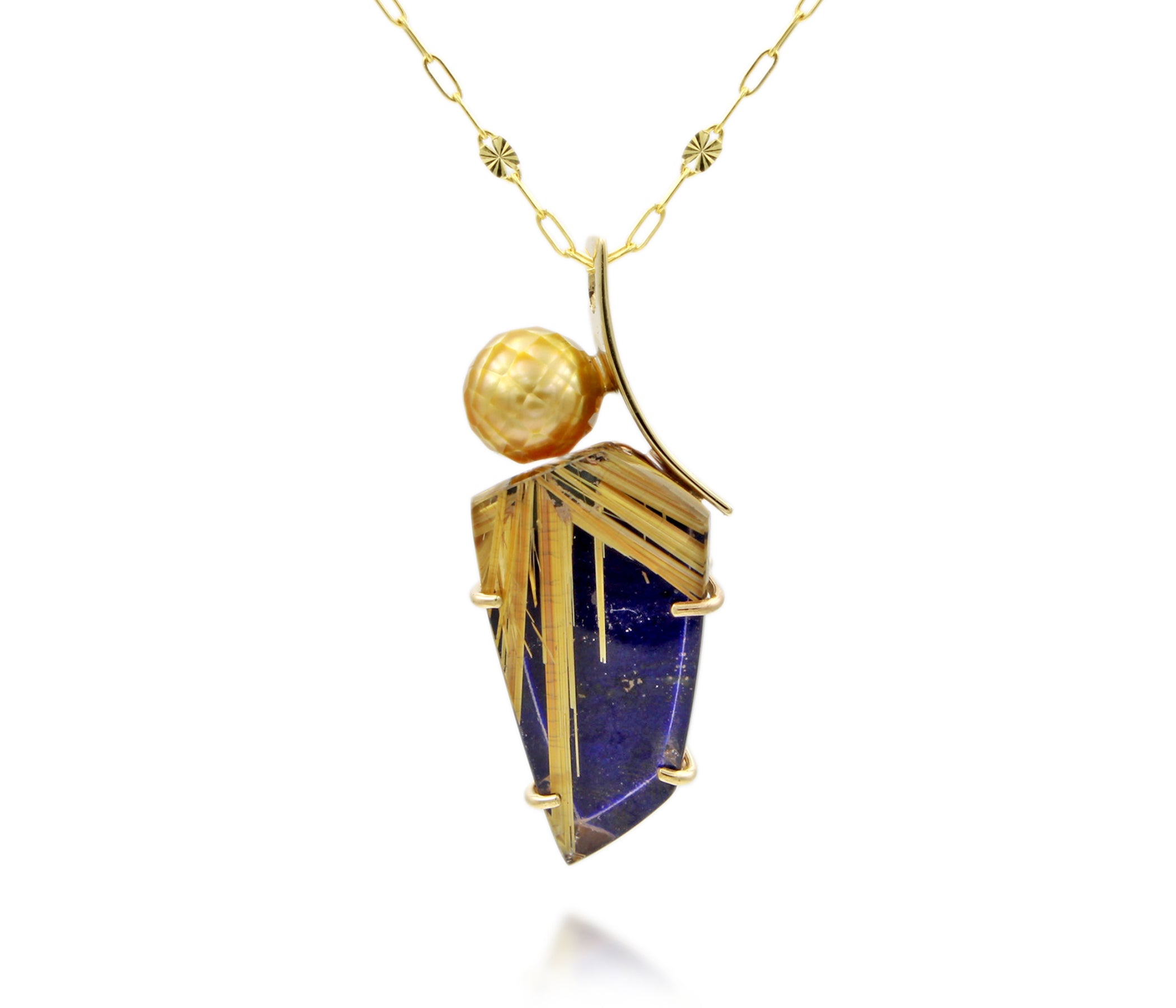 Curved Pearl Rutilated Quartz Lapis Gold Necklace
