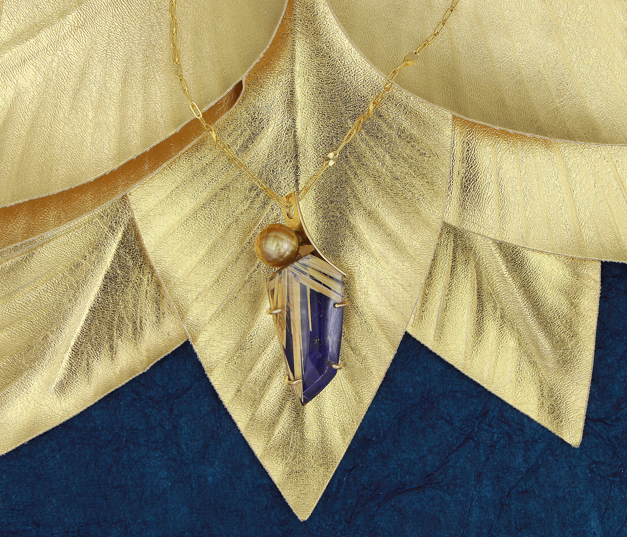 Curved Pearl Rutilated Quartz Lapis Necklace