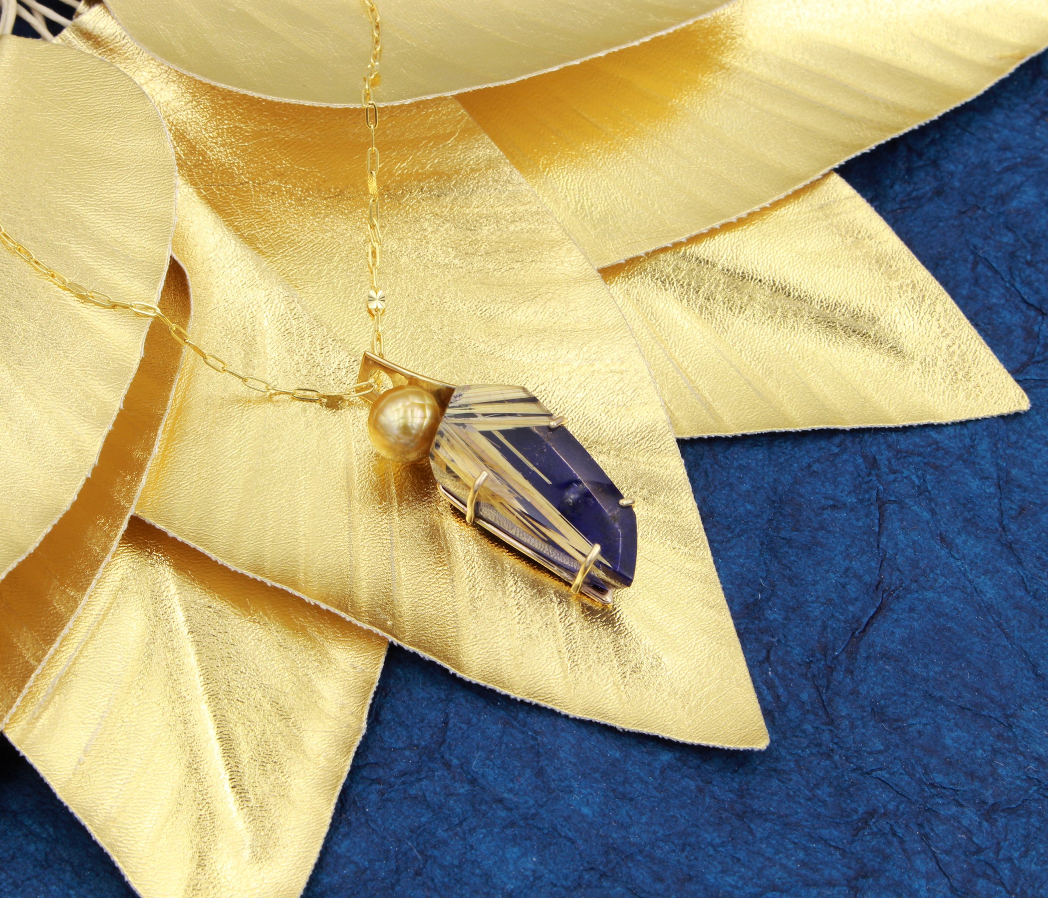 Curved Pearl Rutilated Quartz Lapis Necklace