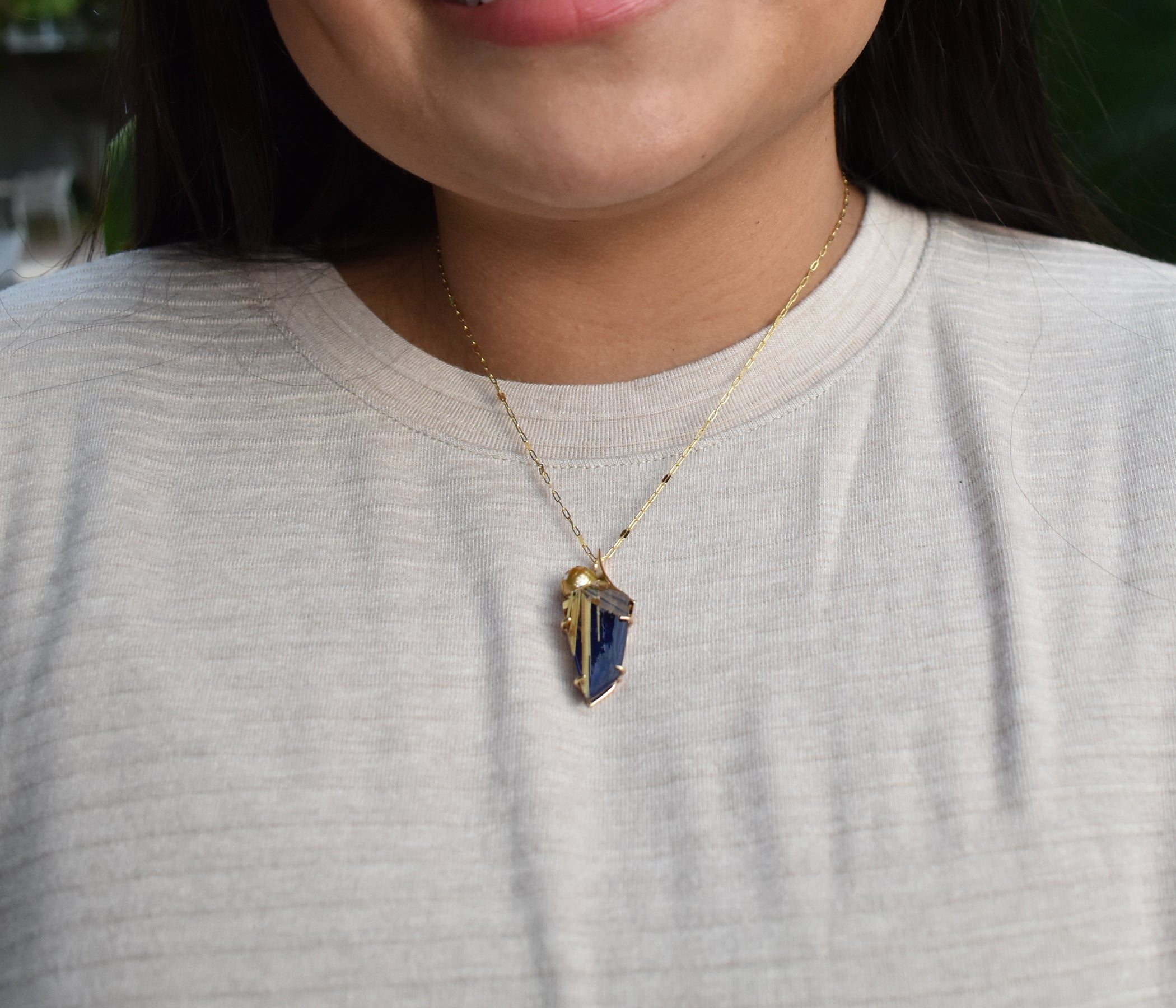 Curved Pearl Rutilated Quartz Lapis Necklace