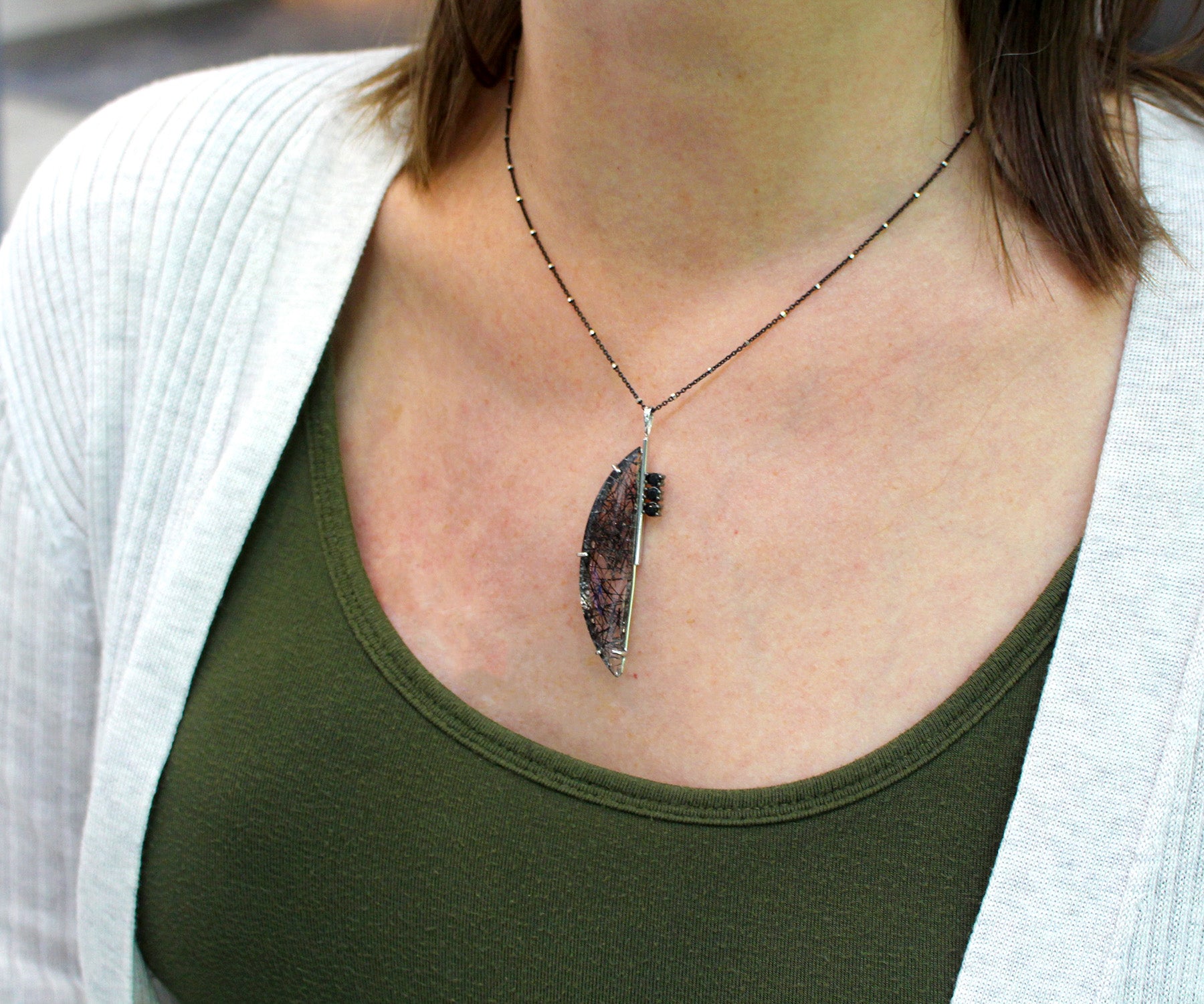 Modern Angular Rutilated Quartz Onyx Necklace