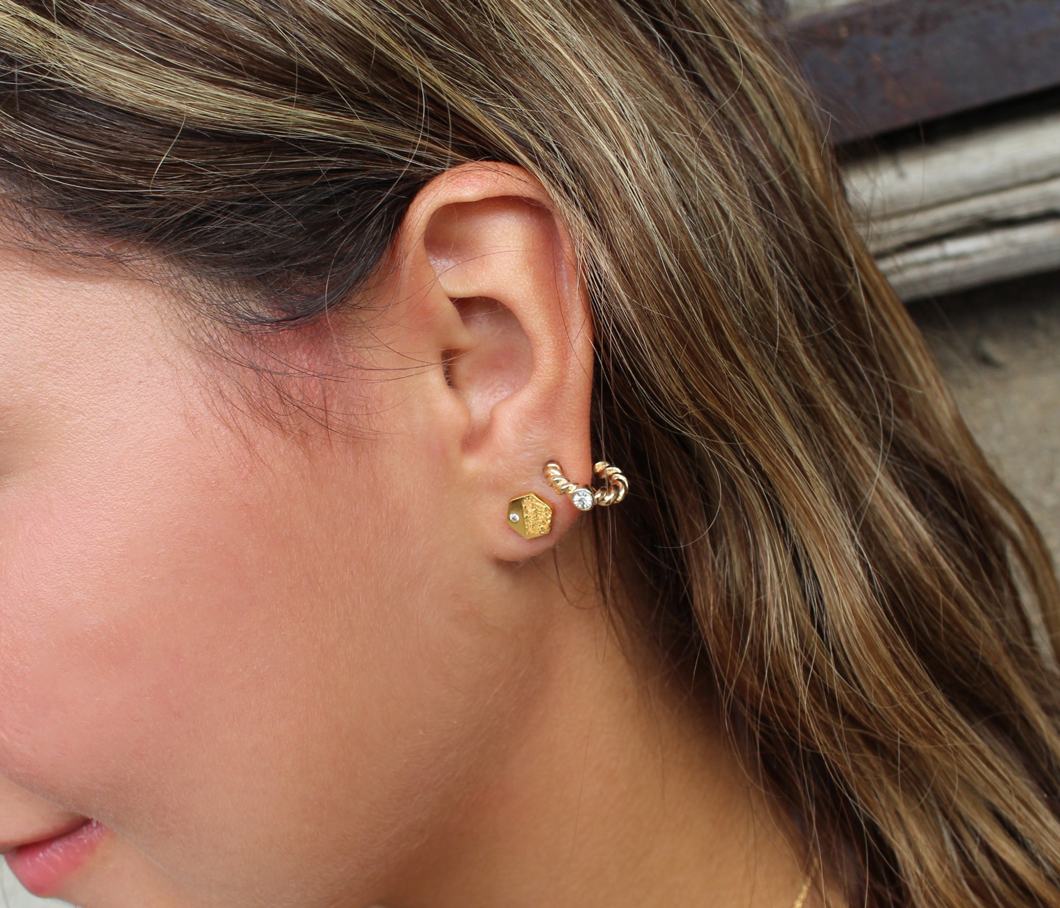 Hammered Small Hexagon Crystal Silver Earrings