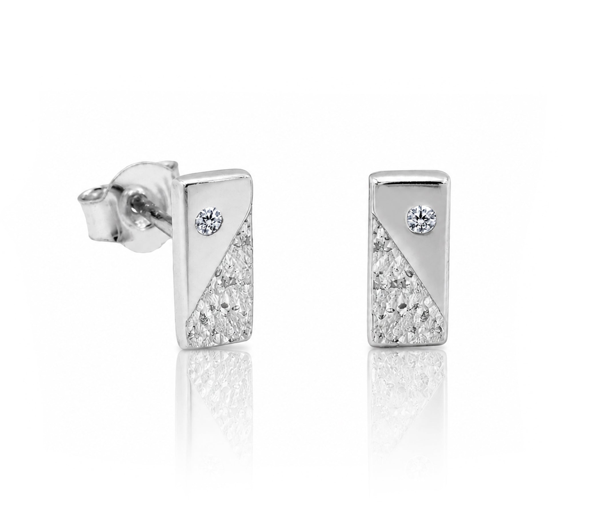 Hammered Small Rectangle Crystal Silver Earrings
