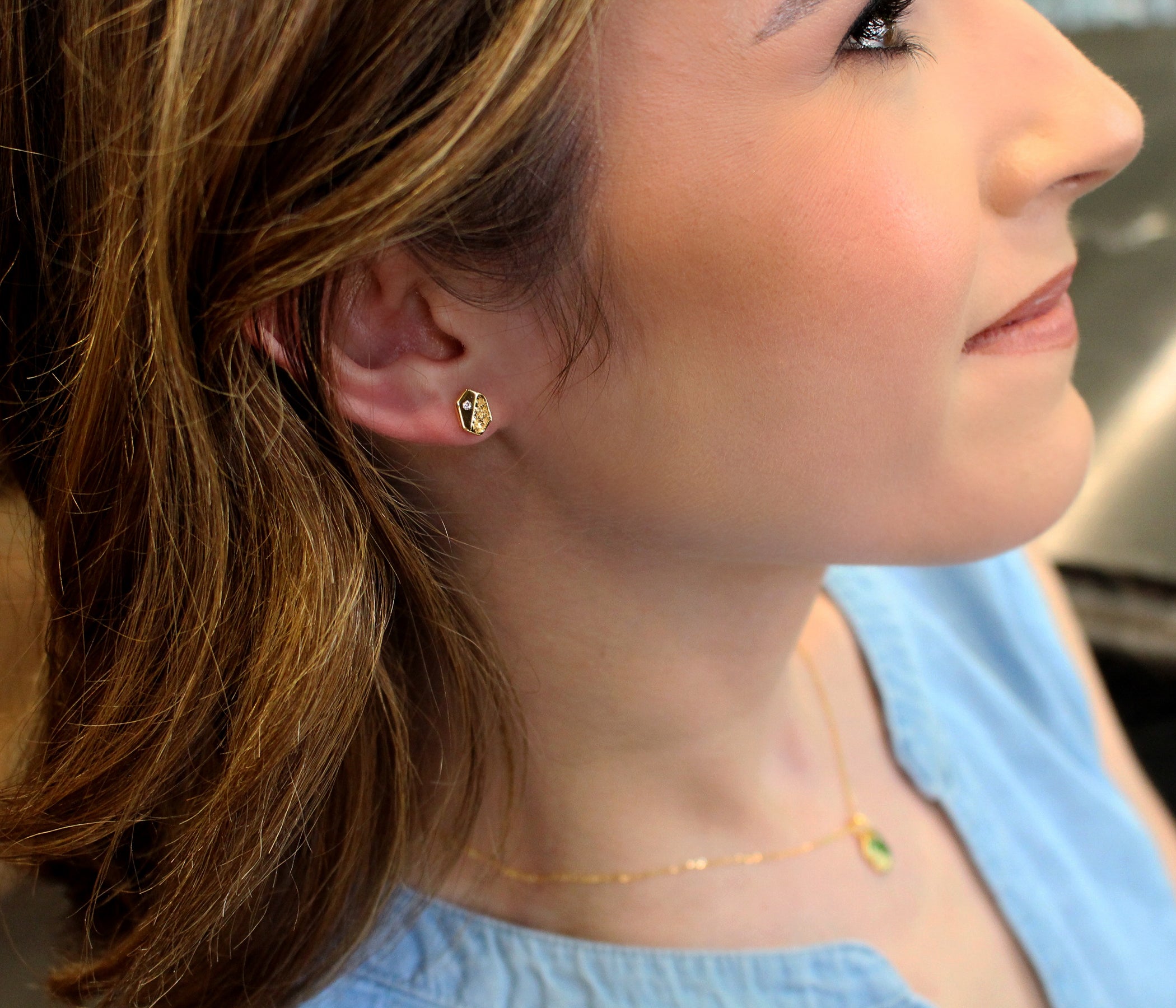 Hammered Small Long Hexagon Crystal Silver Earrings