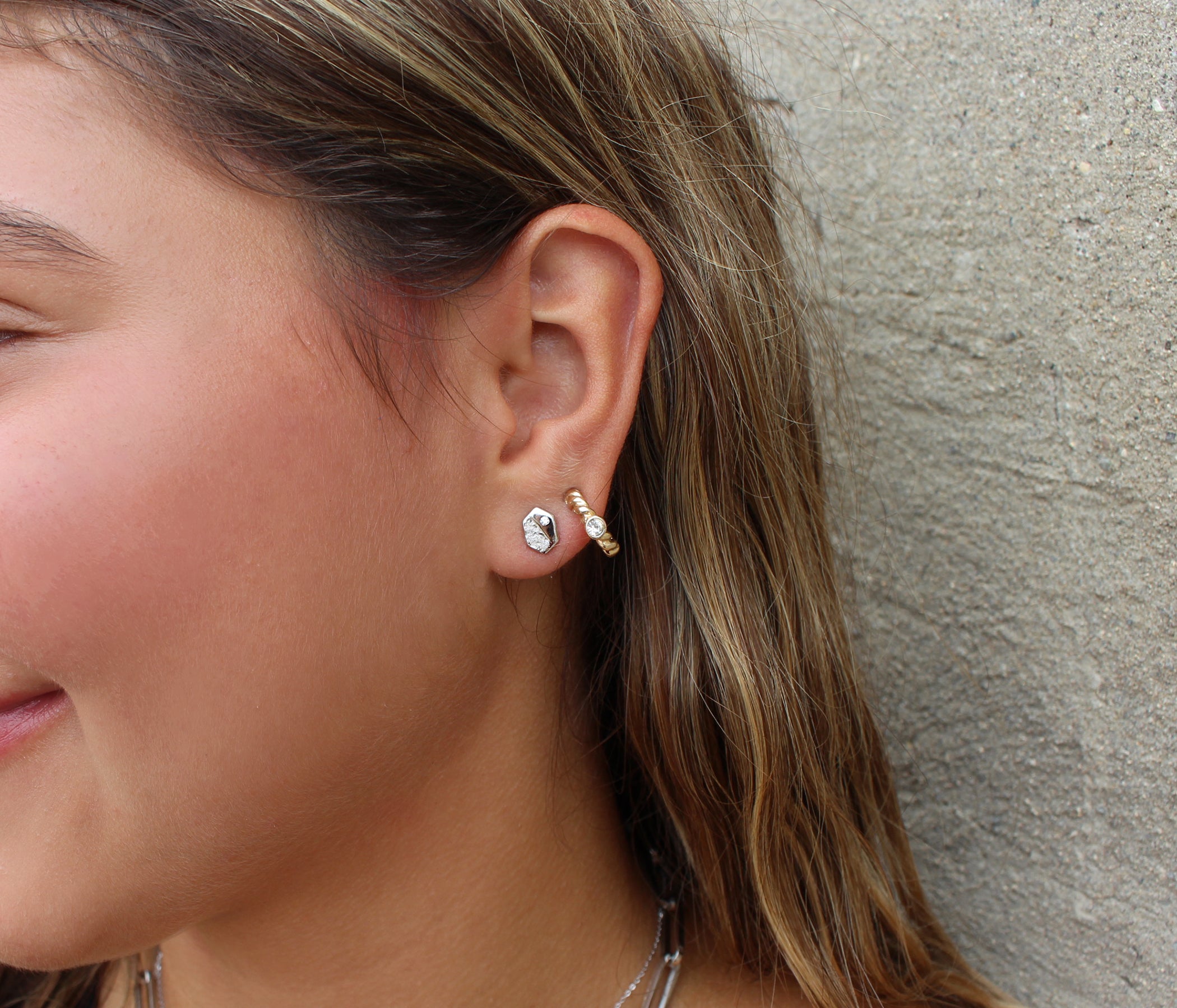 Hammered Small Long Hexagon Crystal Gold Earrings