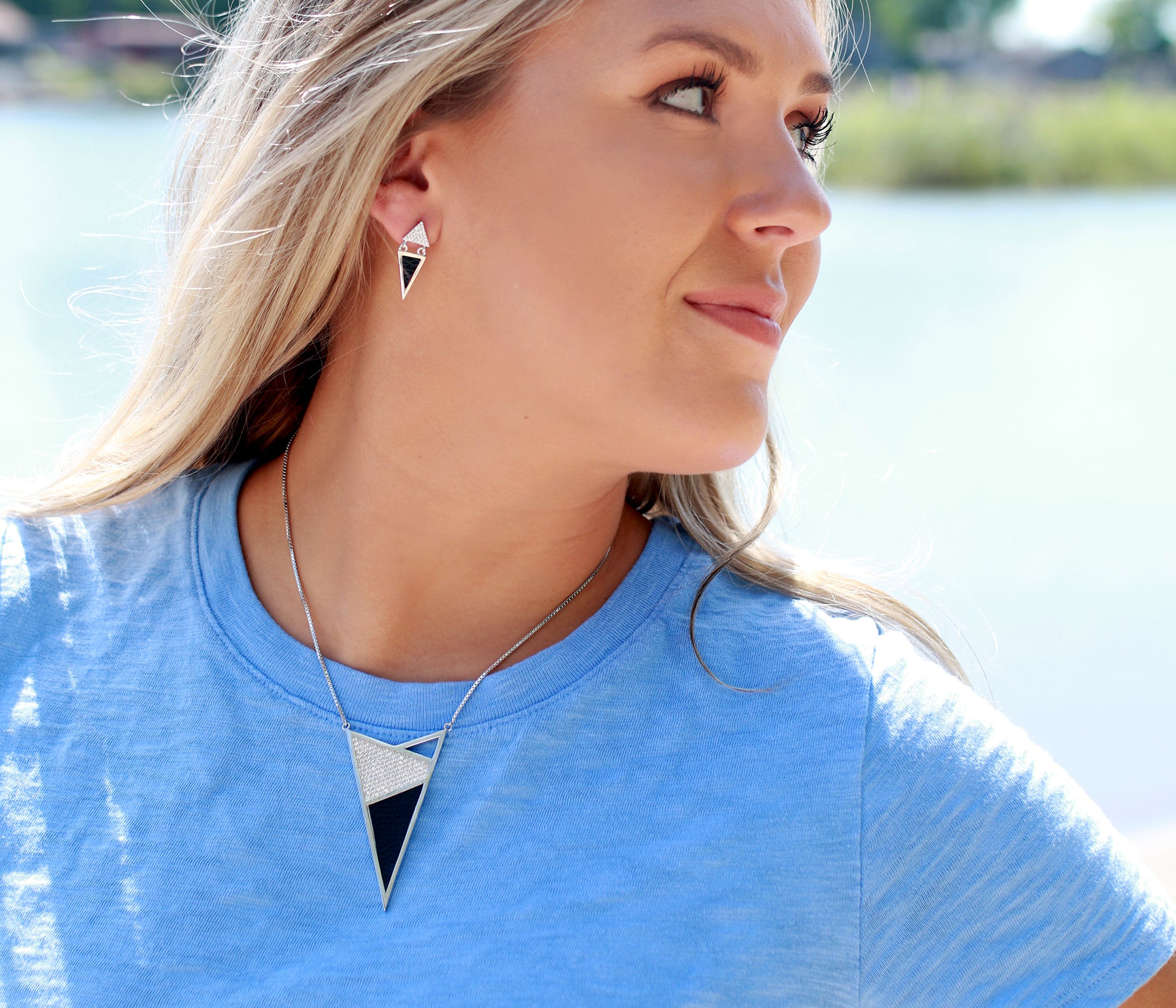 Double Triangle Leather Inlay Silver Earrings