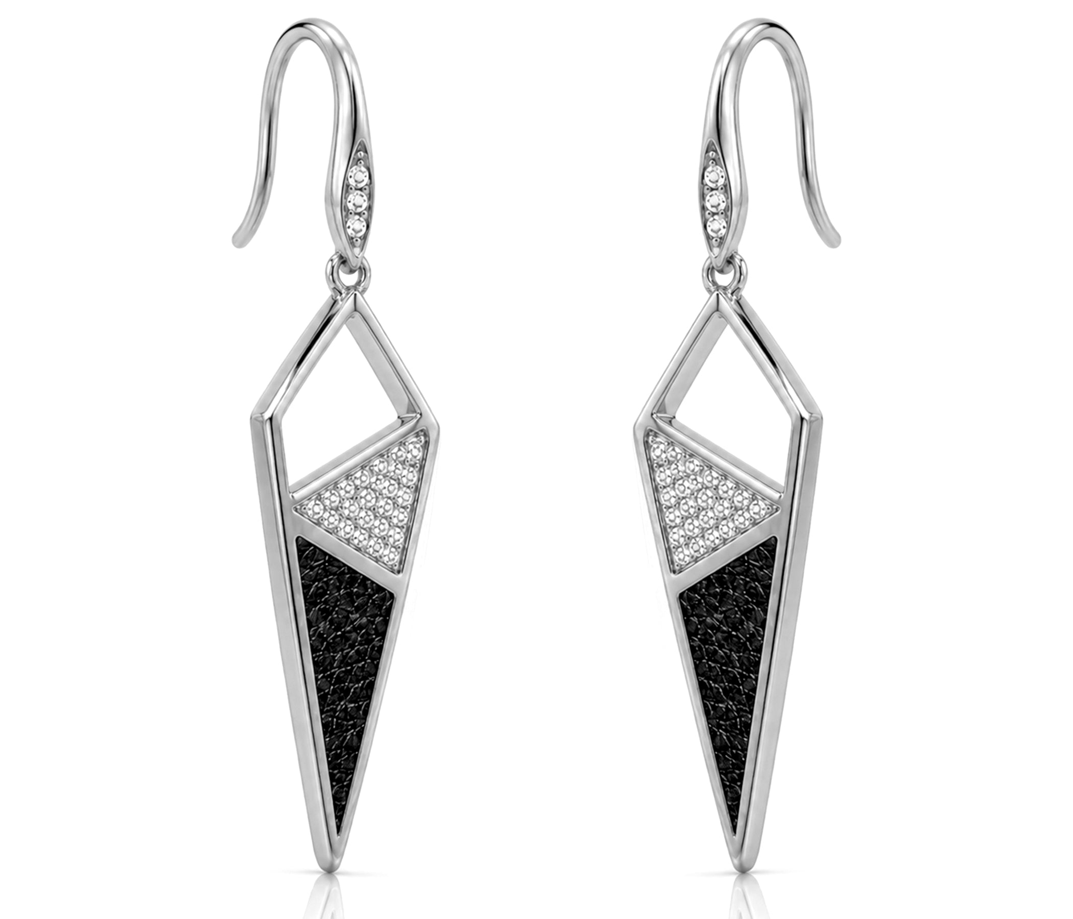 Dagger Leather Inlay Crystal Silver Earrings