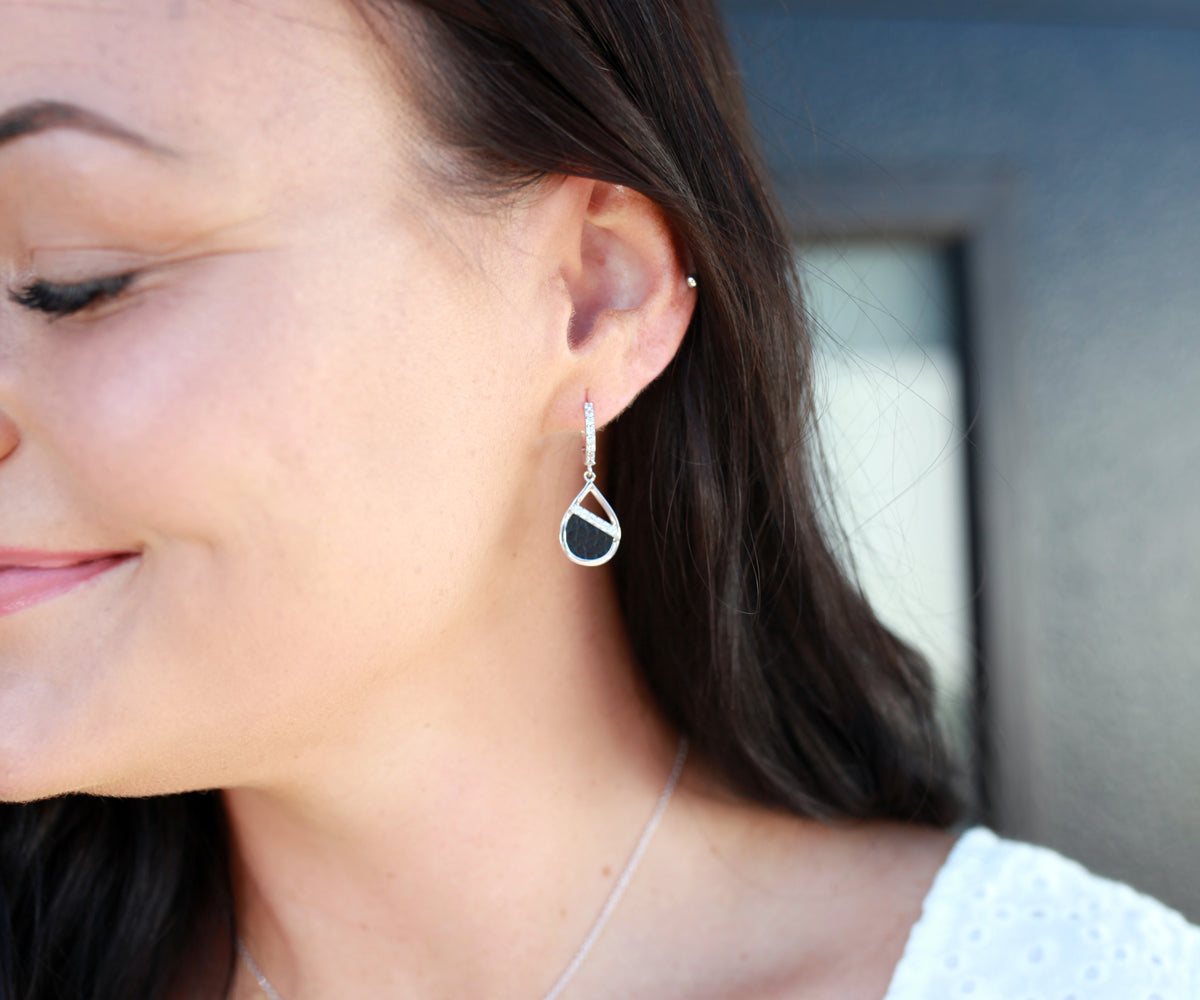Teardrop Leather Inlay Silver Earrings