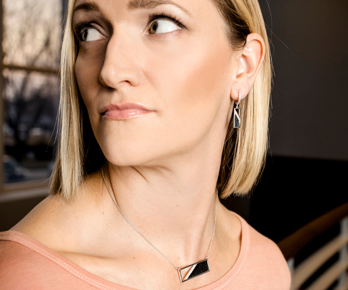 Rectangle Leather Inlay Silver Earrings