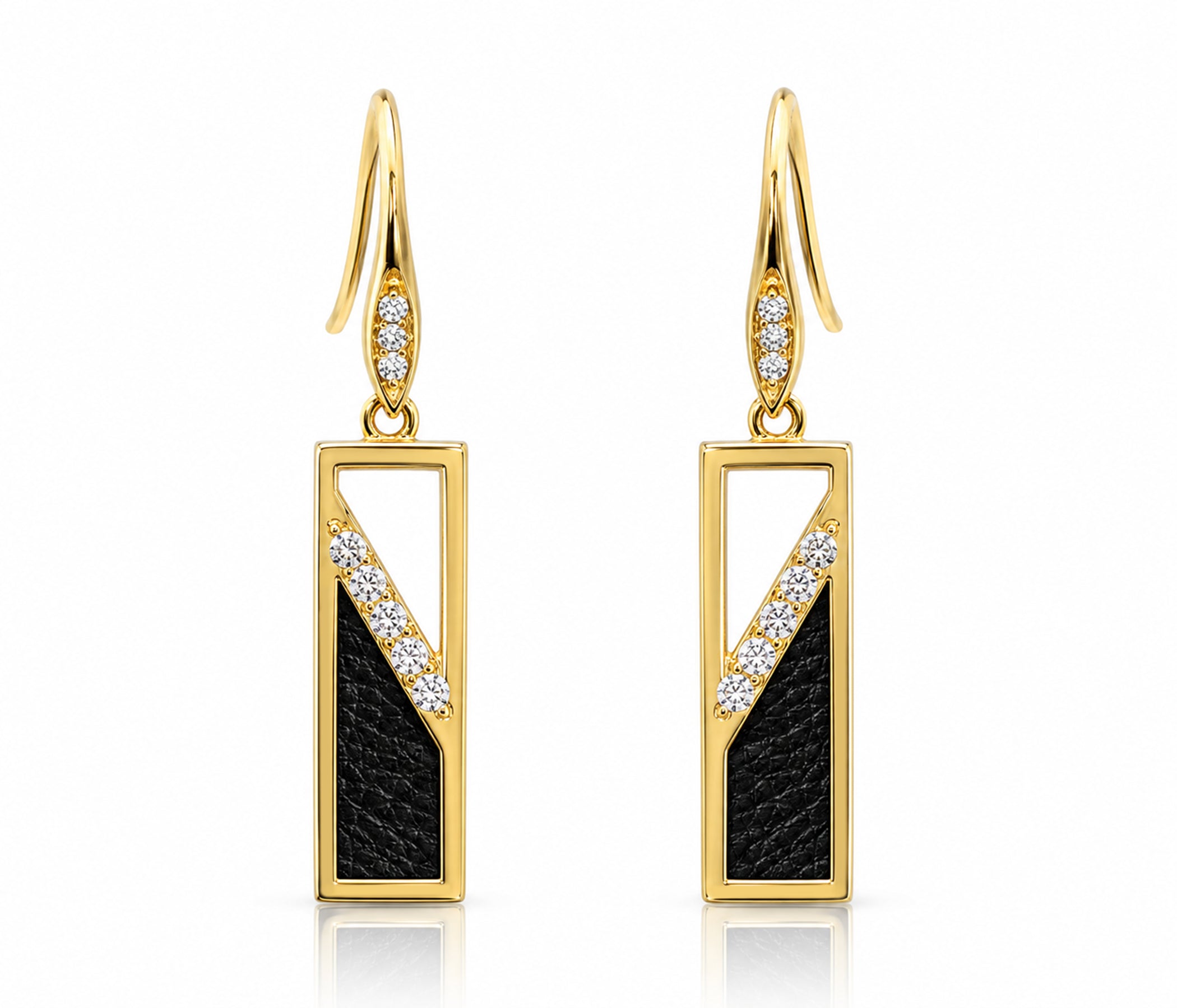 Rectangle Leather Inlay Gold Earrings