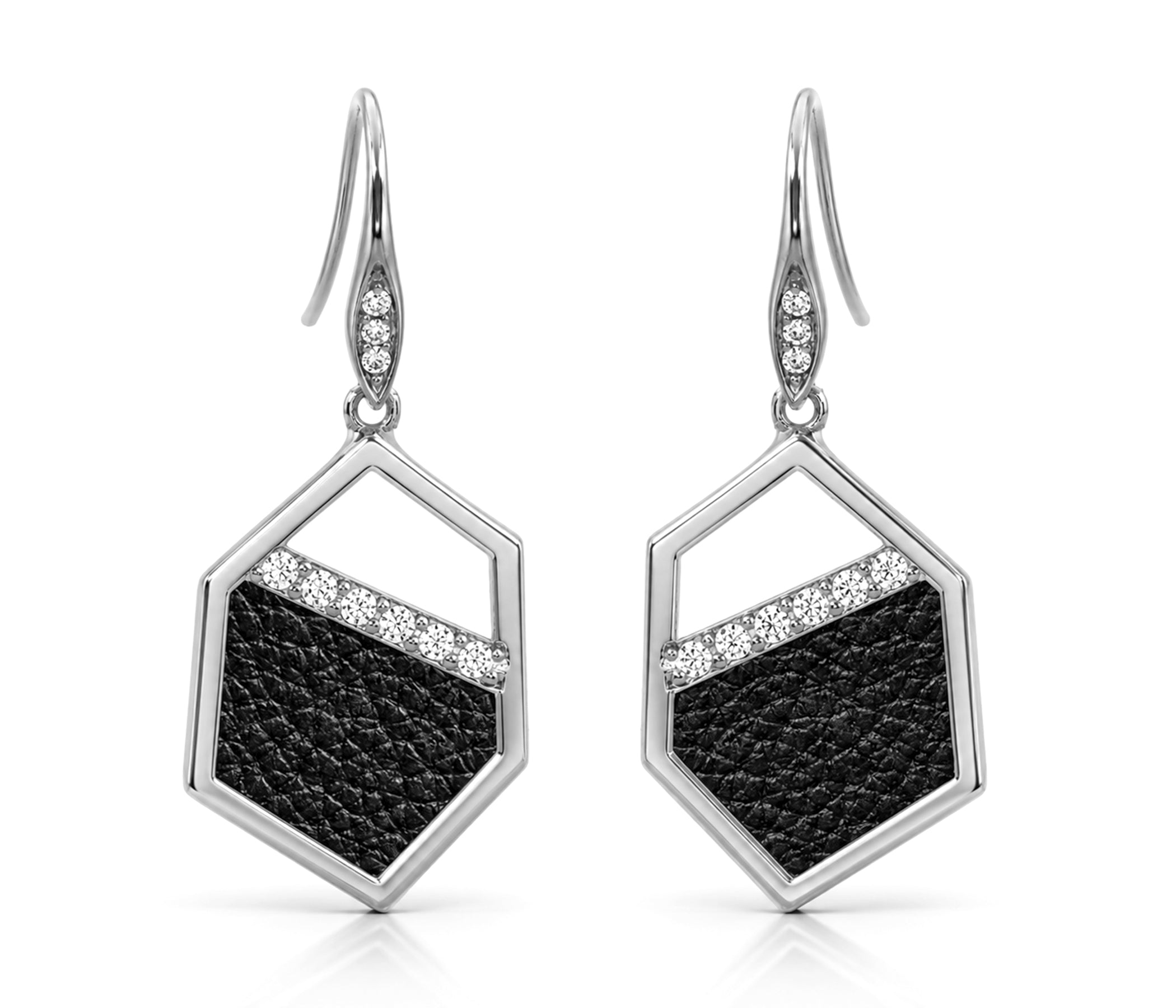 Geometric Leather Inlay Silver Earrings