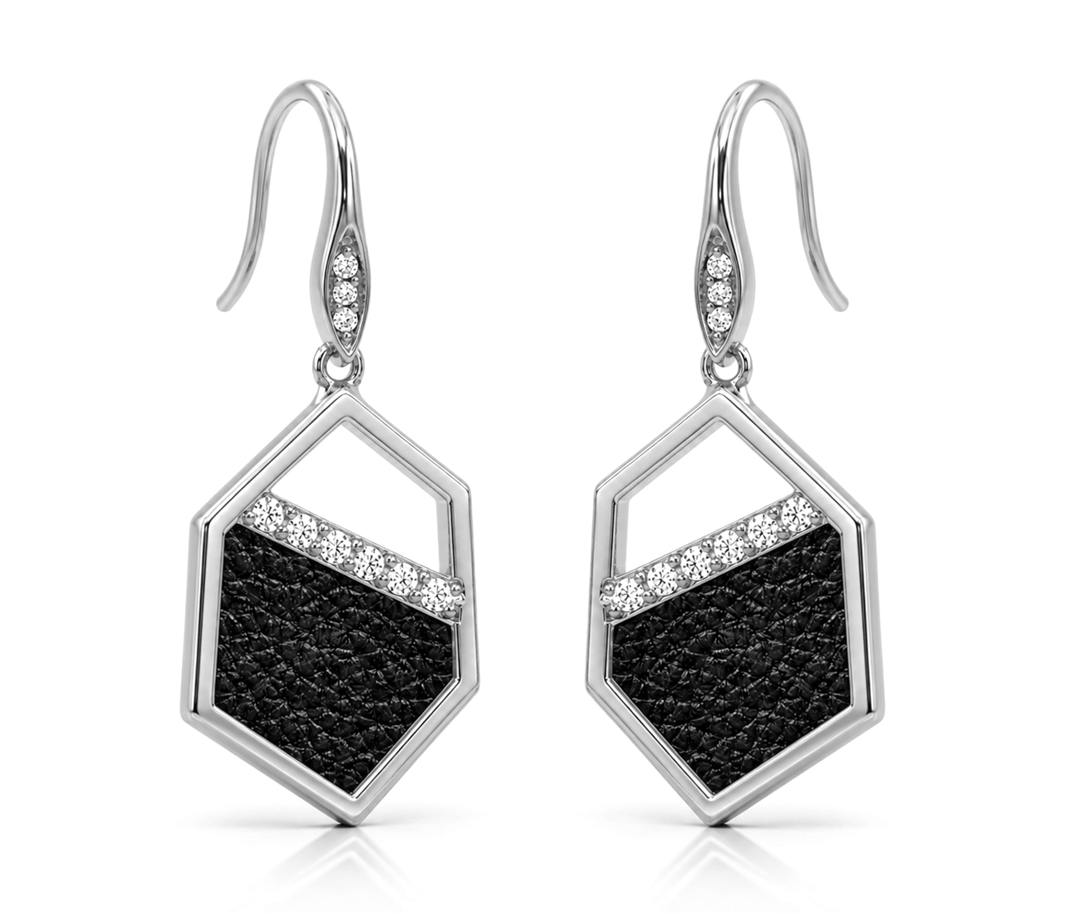 Geometric Leather Inlay Silver Earrings