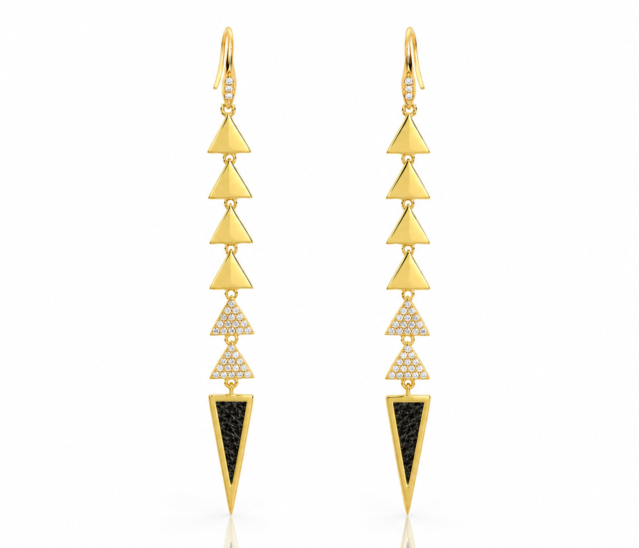 Dangling Triangle Leather Inlay Crystal Gold Earrings