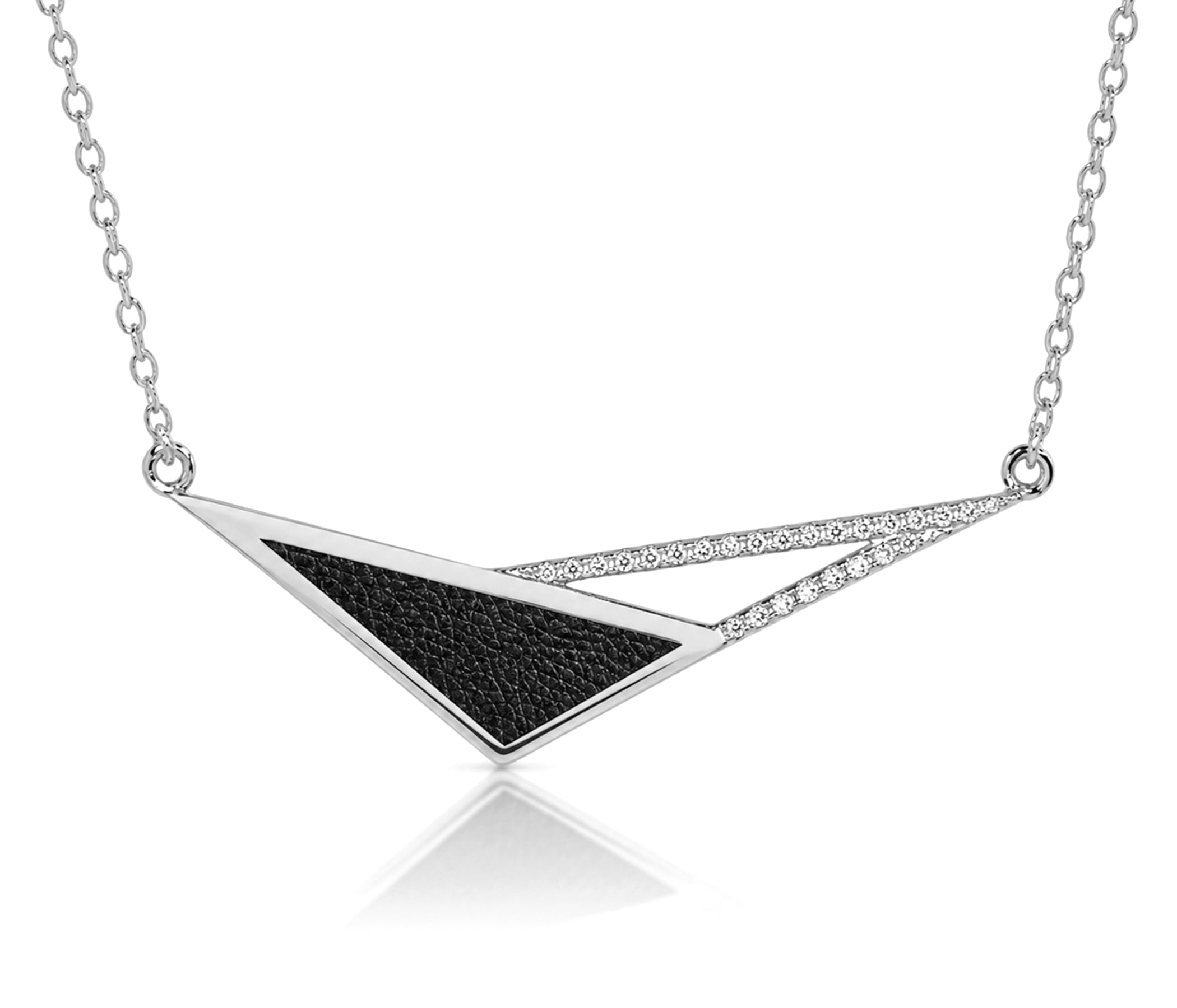 Geometric Triangle Leather Inlay Crystal Silver Necklace