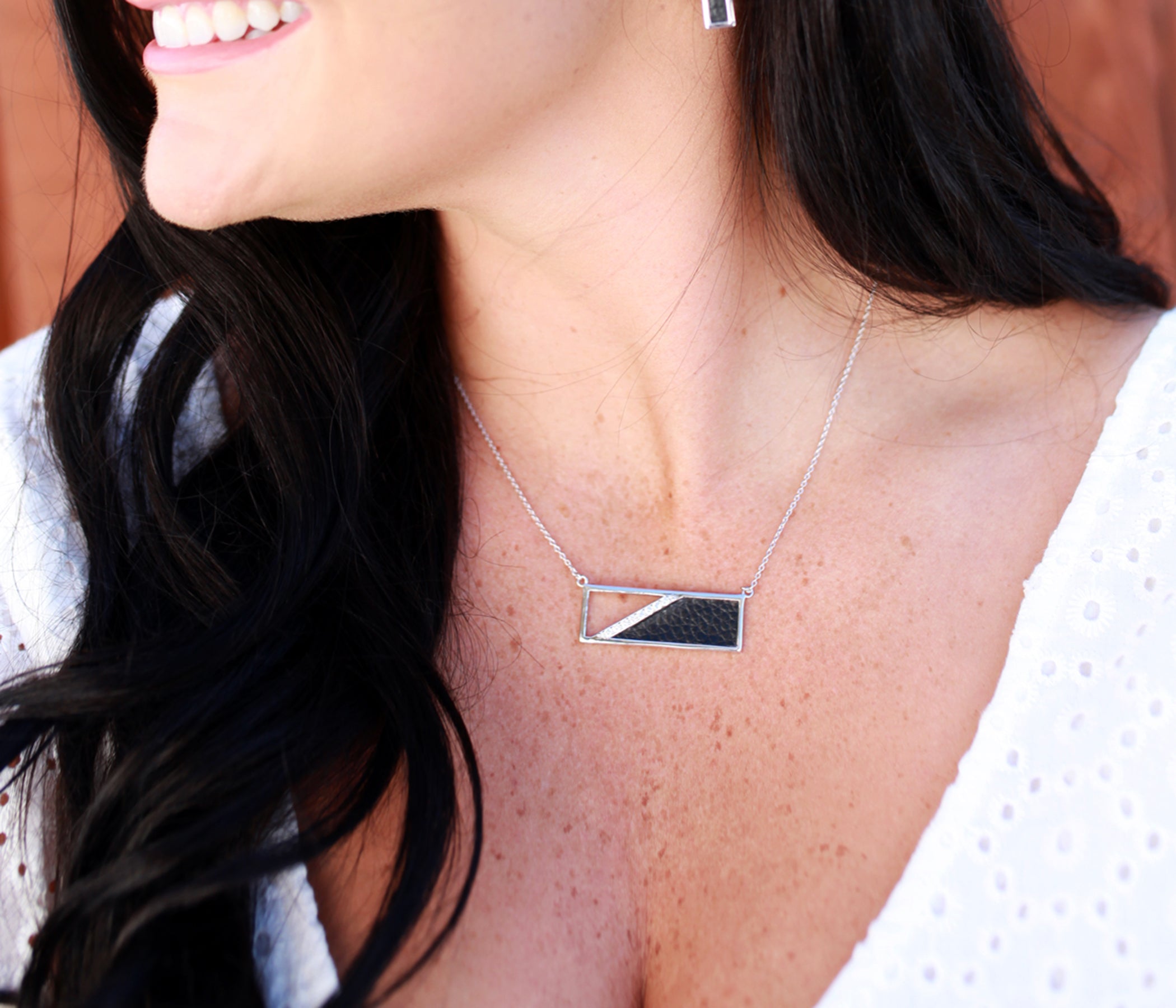 Rectangle Leather Inlay Crystal Silver Necklace