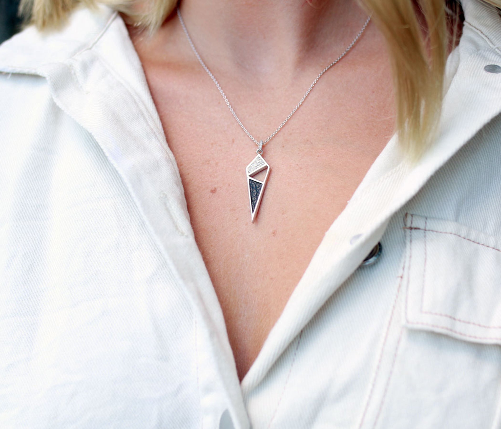Dagger Leather Inlay Crystal Silver Necklace