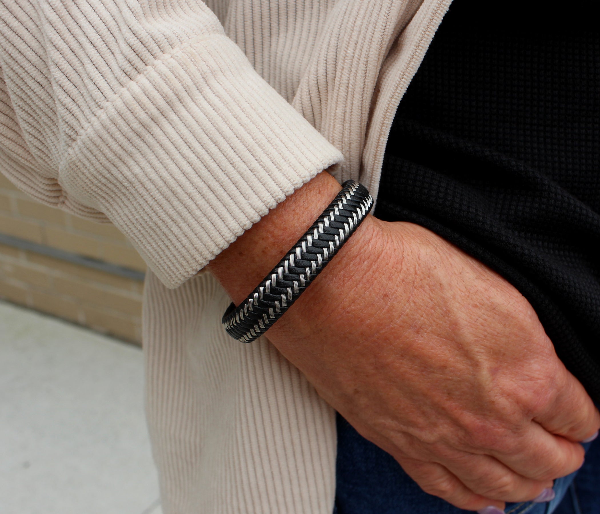 Silver and Black Weave Leather Bracelet