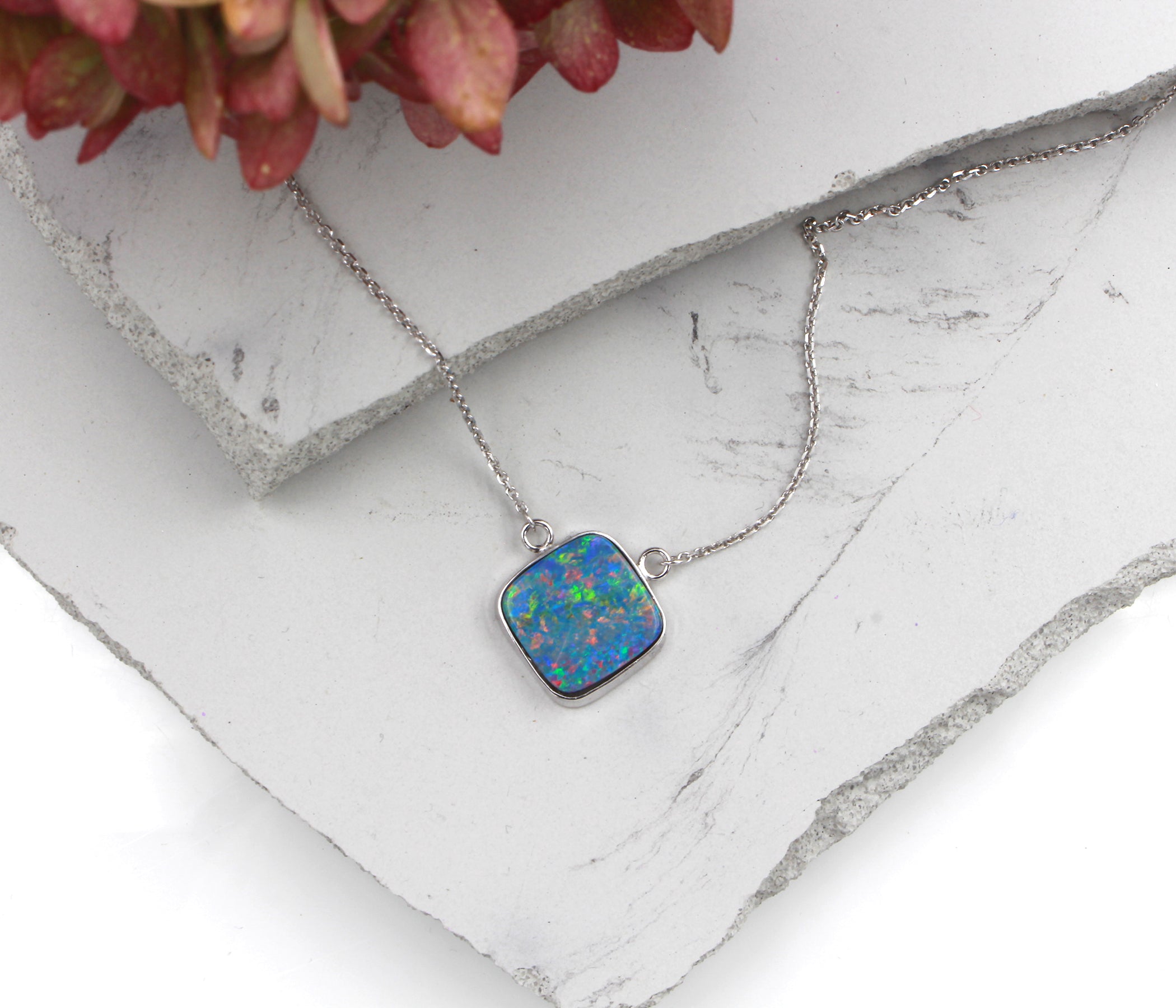 Classic Square Rainbow Opal Necklace