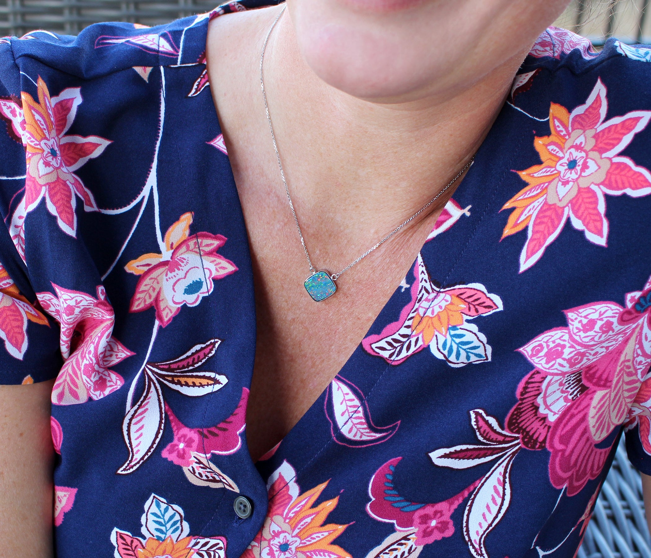 Classic Square Rainbow Opal Necklace