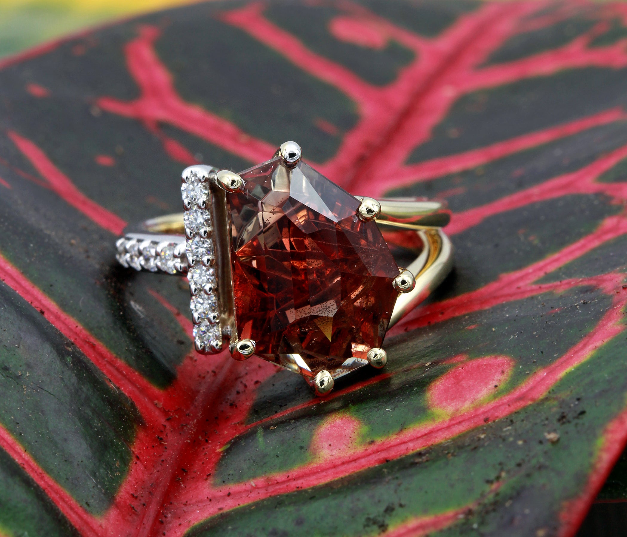 Geometric Sunstone Offset Diamond Bar Ring