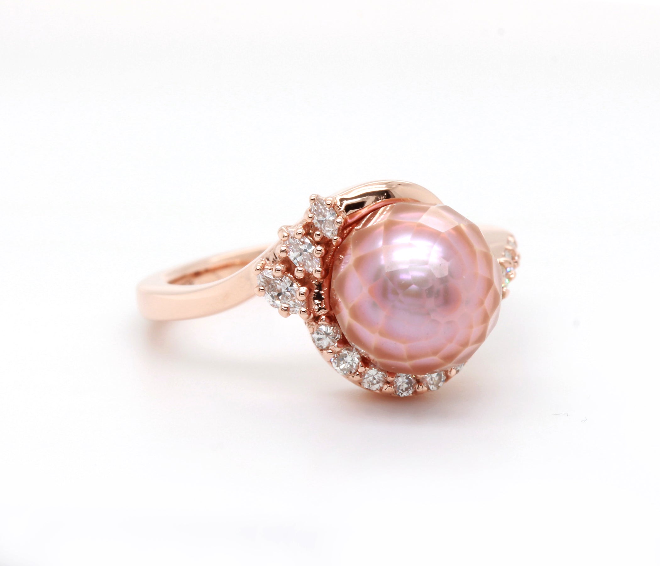 Swirl Pink Pearl Diamond Rose Gold Ring