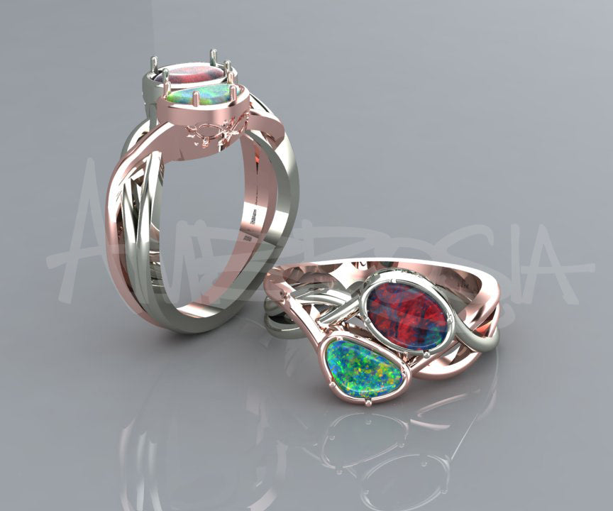Two Tone Interlocking Black Opal Wedding Ring